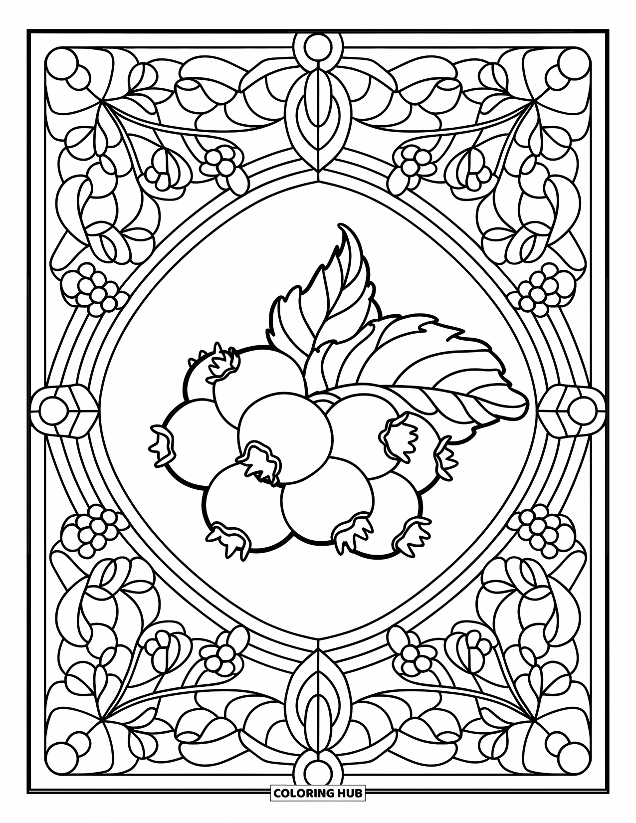 Berry Coloring Page for Adults: Blueberries centered in floral stained glass with intricate details