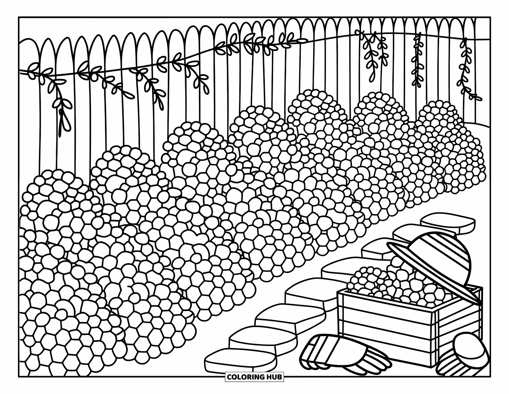 Berry Coloring Page for Adults: Blueberry bushes bloom beside a wooden crate, gloves, and a straw hat