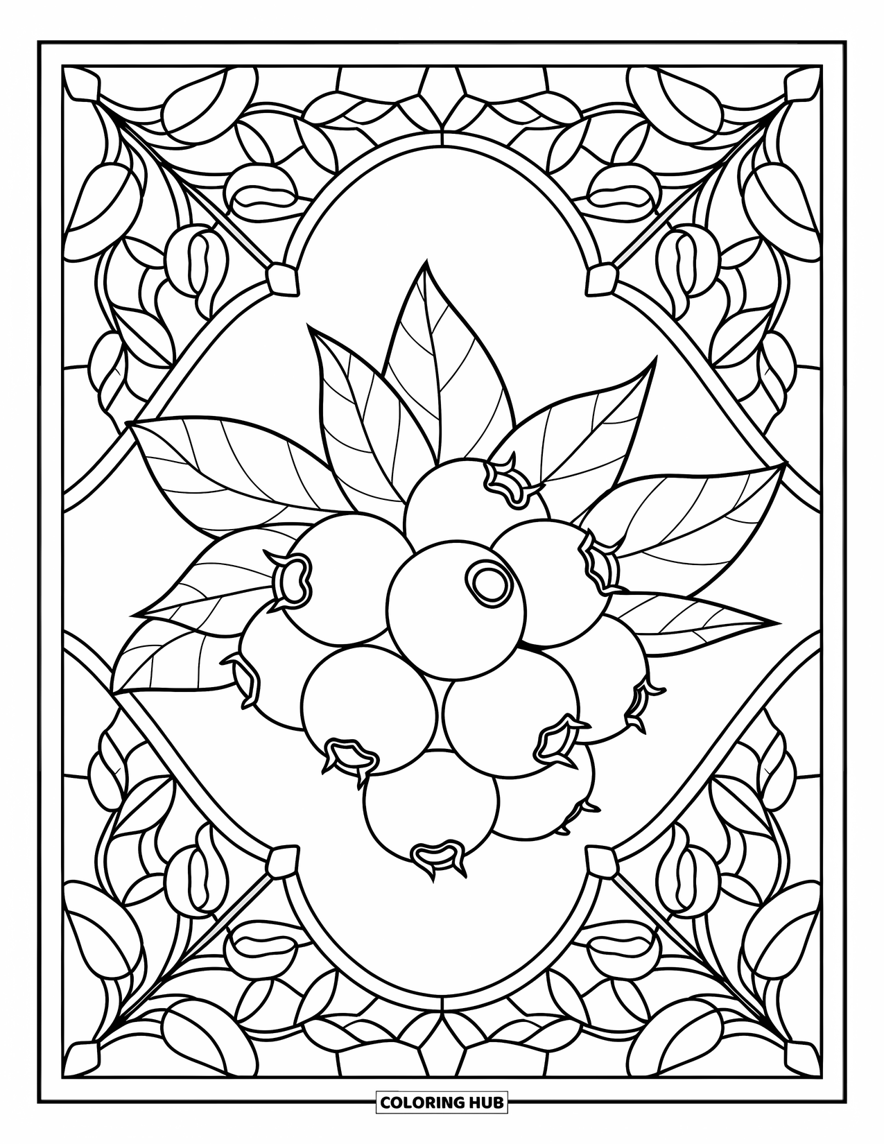 Berry Coloring Page for Adults: Blueberry cluster framed by stained glass and floral berry patterns