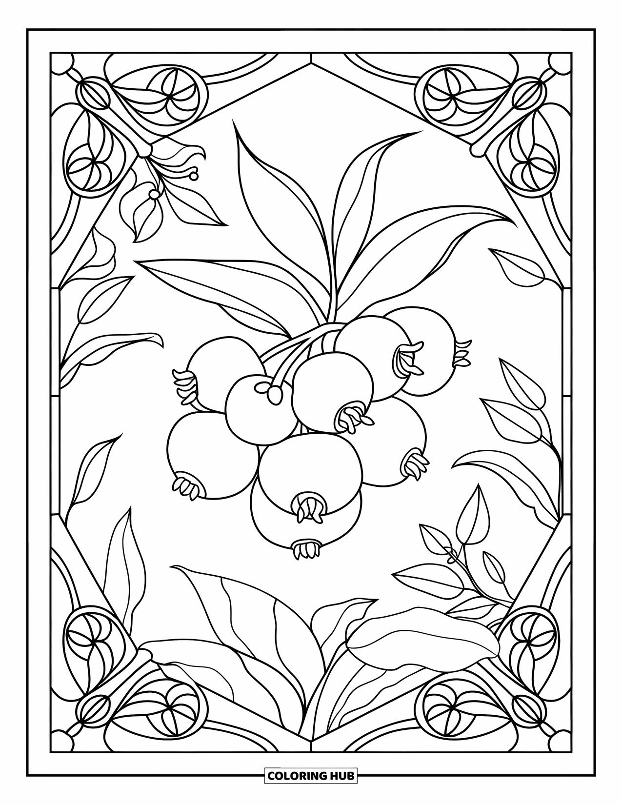 Berry Coloring Page for Adults: Blueberry cluster framed by stained glass, leaves, and branches
