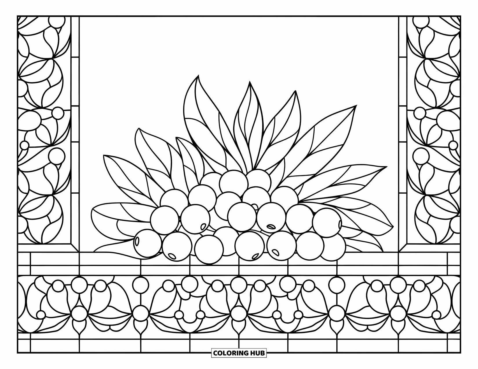 Berry Coloring Page for Adults: Bundle of cranberries framed by berry-themed stained glass patterns