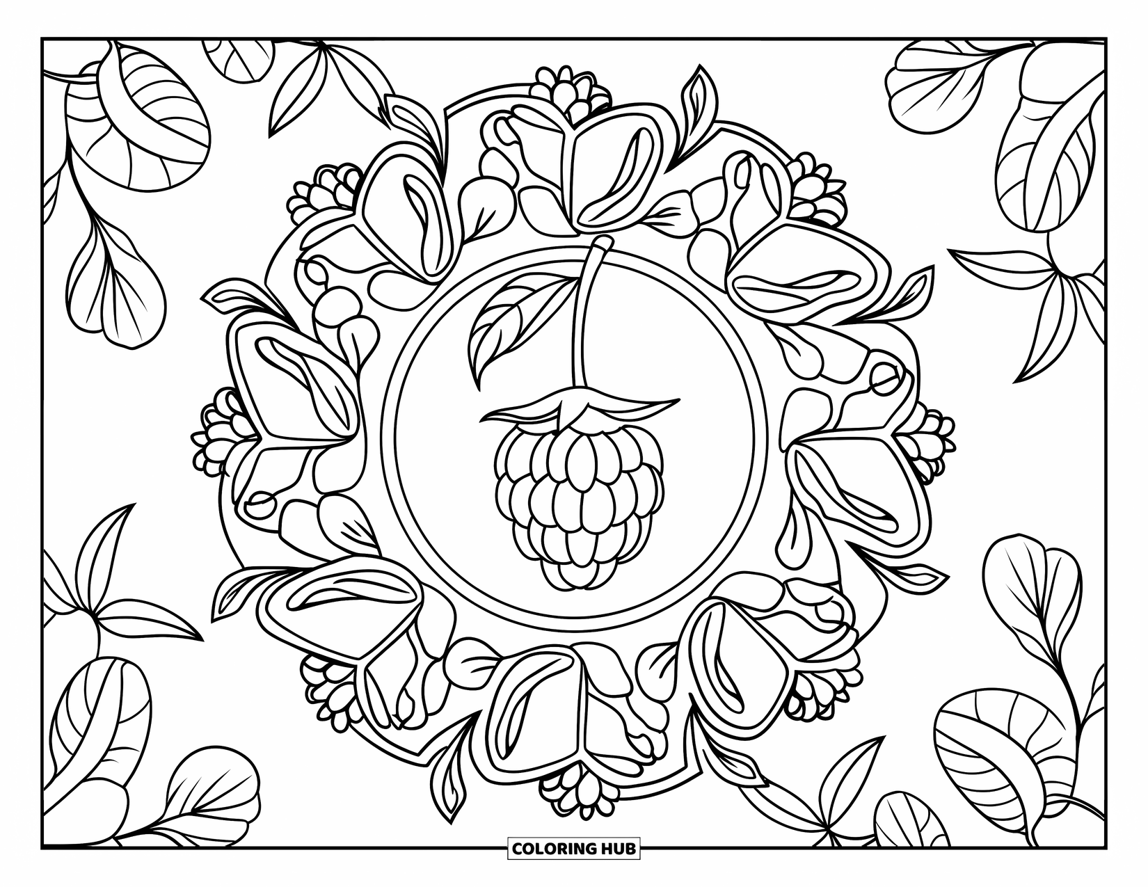 Berry Coloring Page for Adults: Central gooseberry with an ornate mandala of leaves and berries