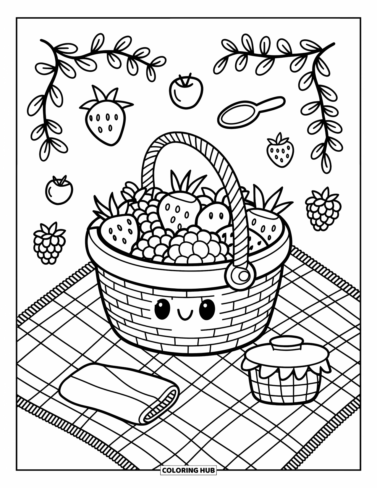 Berry Coloring Page for Adults: Cozy basket of berries on gingham, surrounded by utensils and berry vines
