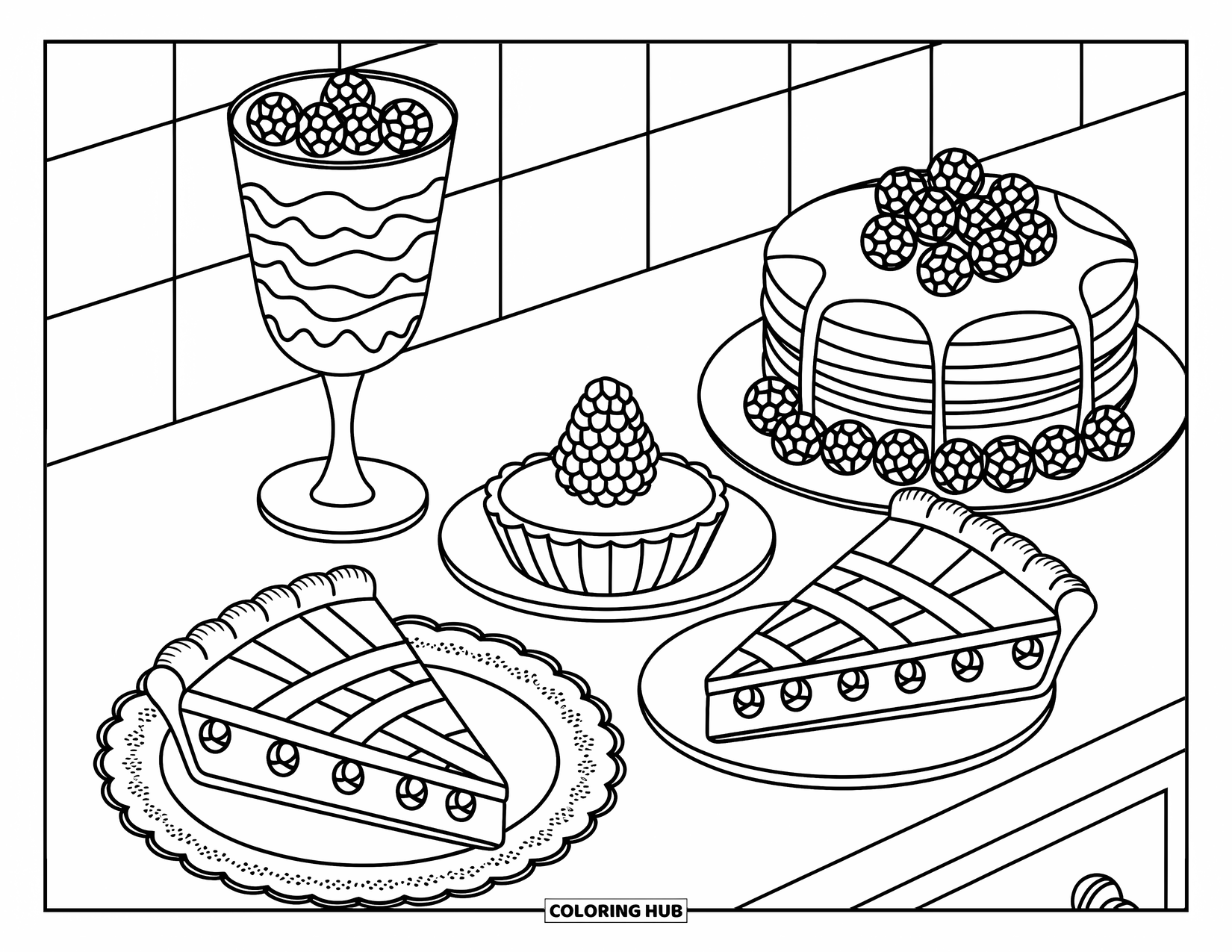 Berry Coloring Page for Adults: Cozy countertop with berry parfait, tart, pie, and pancakes