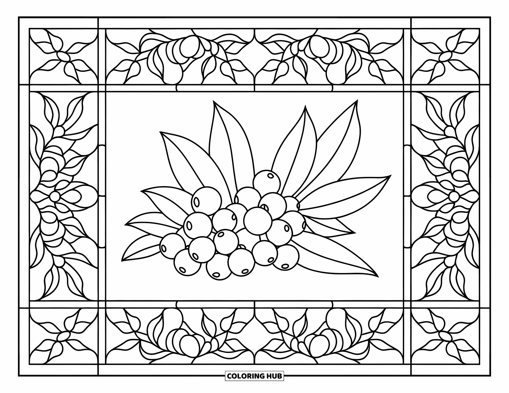 Berry Coloring Page for Adults: Cranberries in the center with repeating stained glass berry motifs