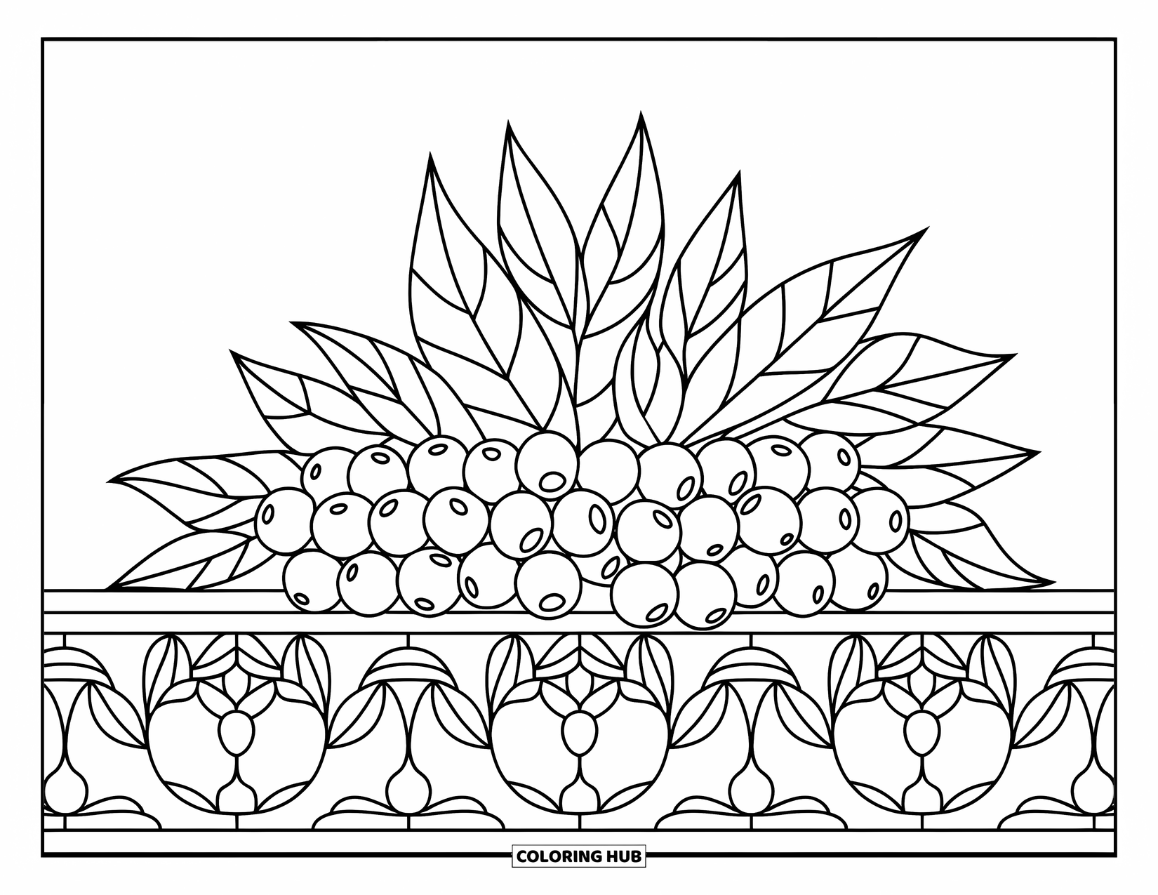 Berry Coloring Page for Adults: Cranberry bundle surrounded by stained glass berry and leaf panels