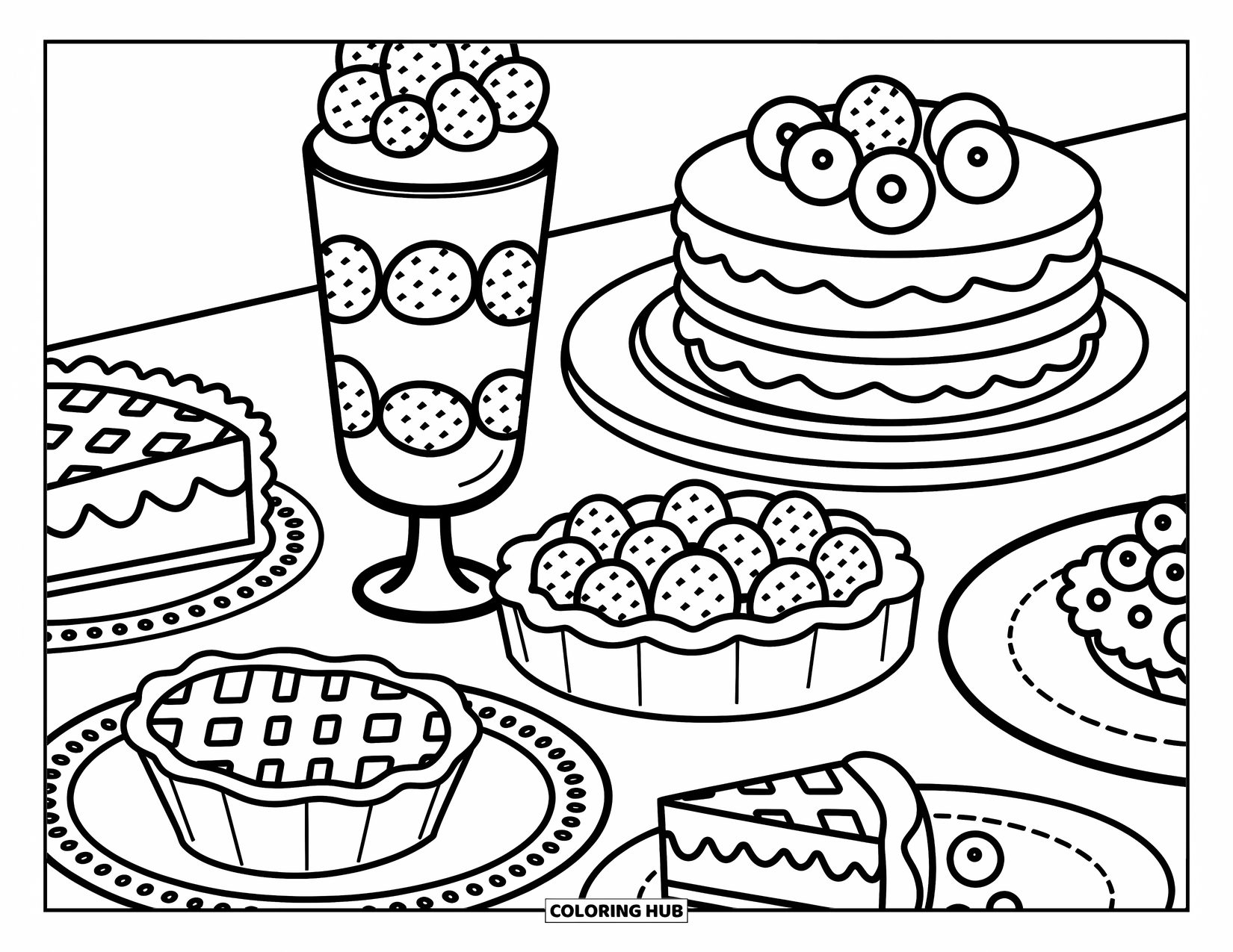 Berry Coloring Page for Adults: Cute berry dessert scene with parfait, tart, pie slice, and fluffy pancakes