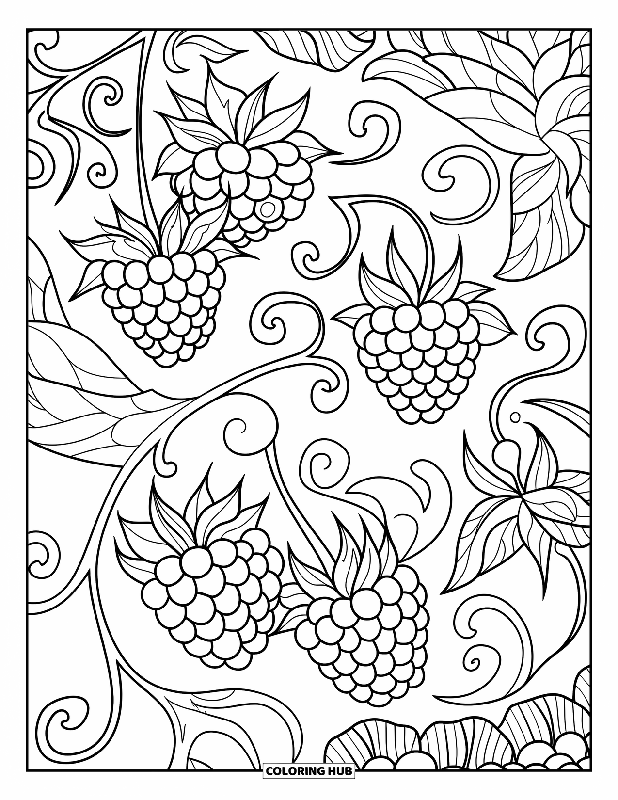 Berry Coloring Page for Adults: Detailed raspberry mandala with flowing berry vines and shapes
