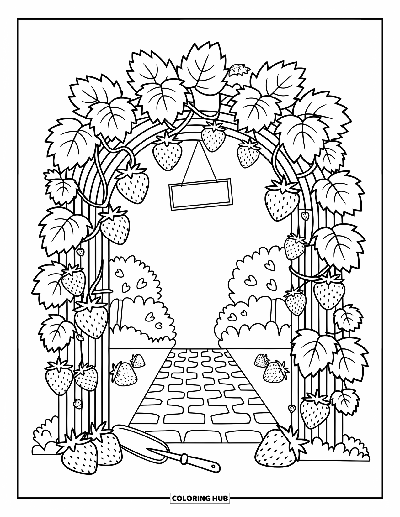 Berry Coloring Page for Adults: Dreamy strawberry arch with a cobblestone path and playful garden tools