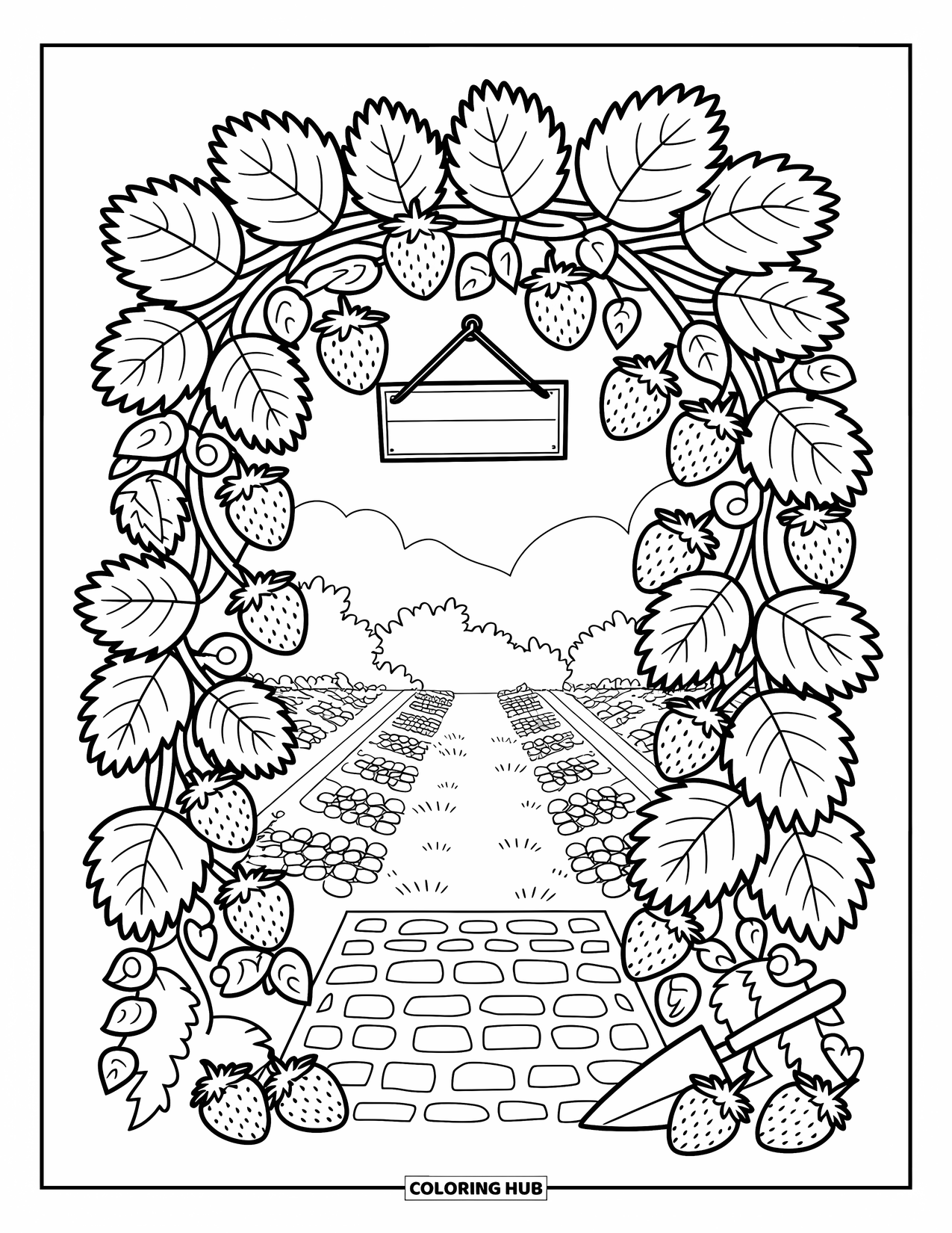 Berry Coloring Page for Adults: Enchanting berry arch with a path, tiny sign, and fallen strawberries