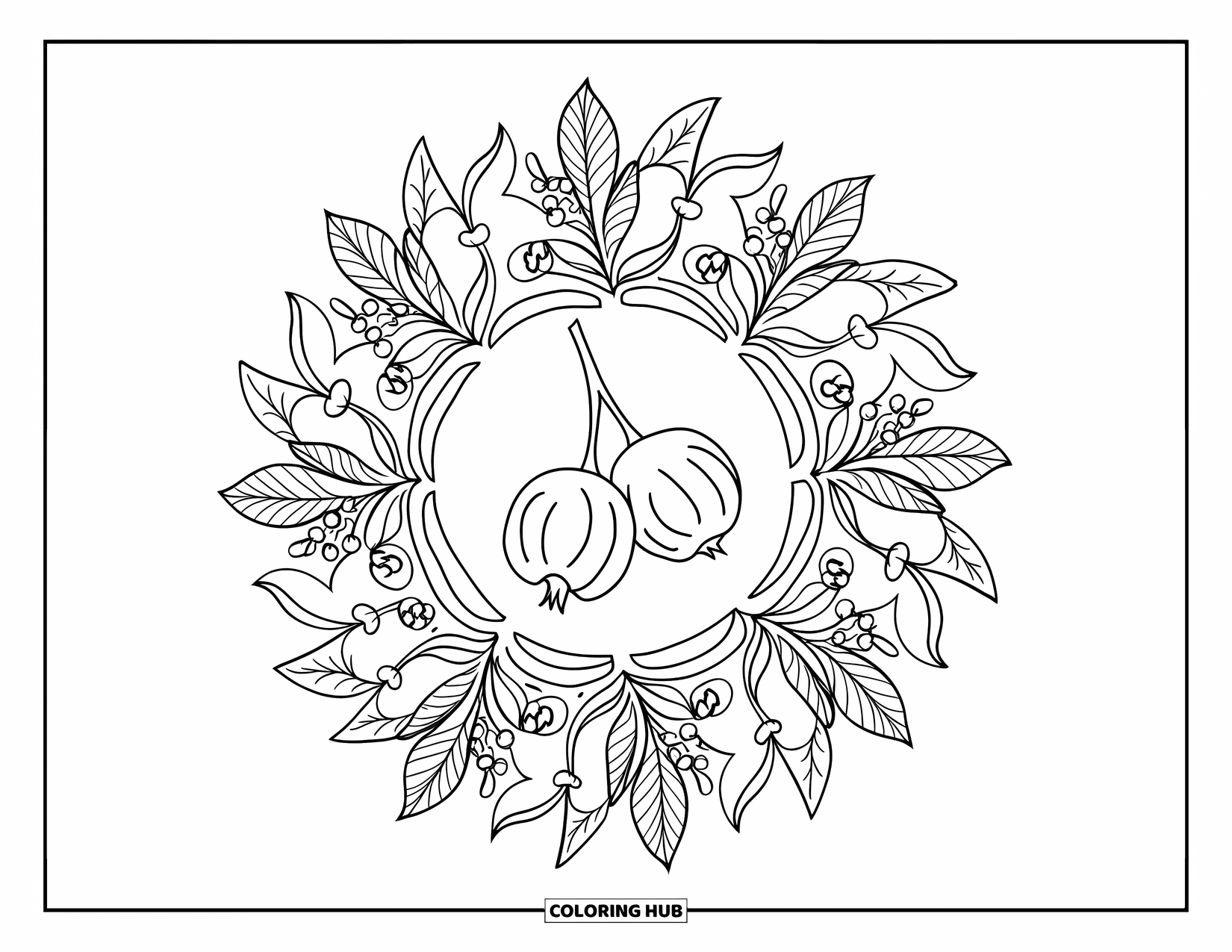 Berry Coloring Page for Adults: Gooseberry framed by a circular mandala of leaves and berry shapes