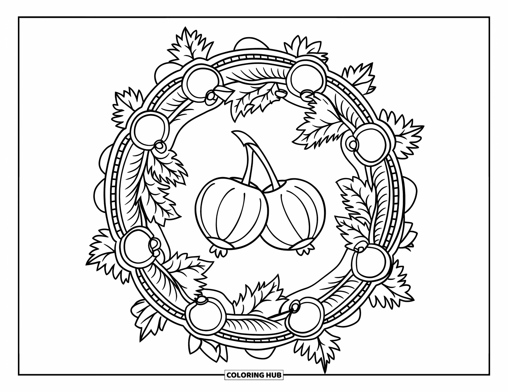 Berry Coloring Page for Adults: Gooseberry on a stem surrounded by a leafy berry mandala