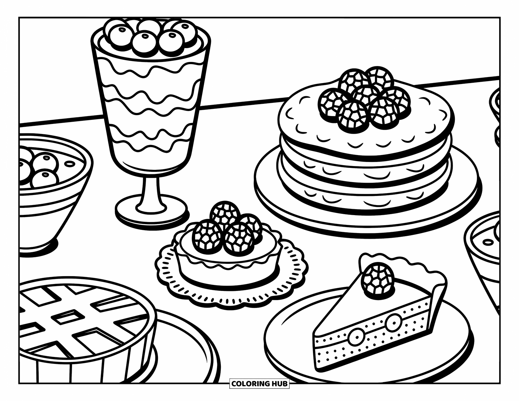 Berry Coloring Page for Adults: Kawaii countertop with layered desserts and berries in a cozy, hand-drawn style