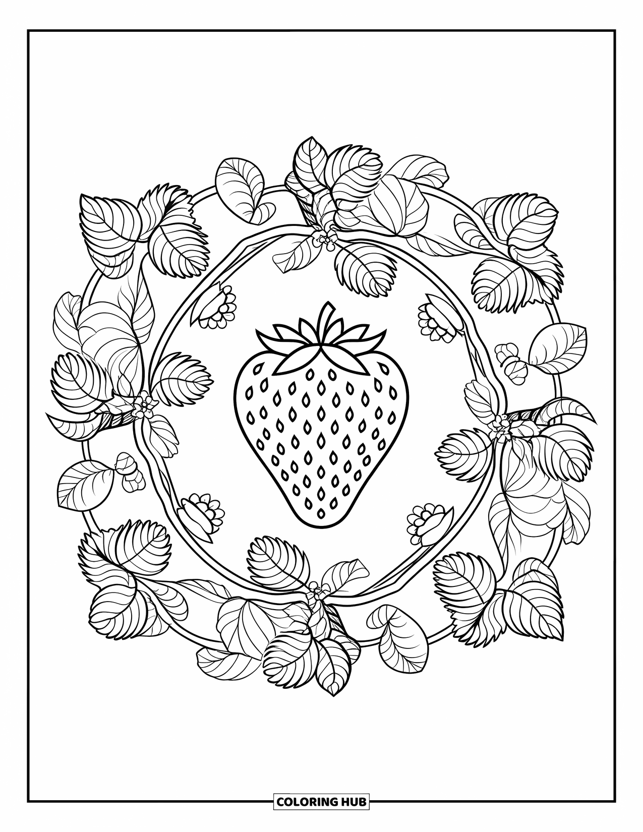 Berry Coloring Page for Adults: Large strawberry encircled by detailed vines and leafy mandala patterns