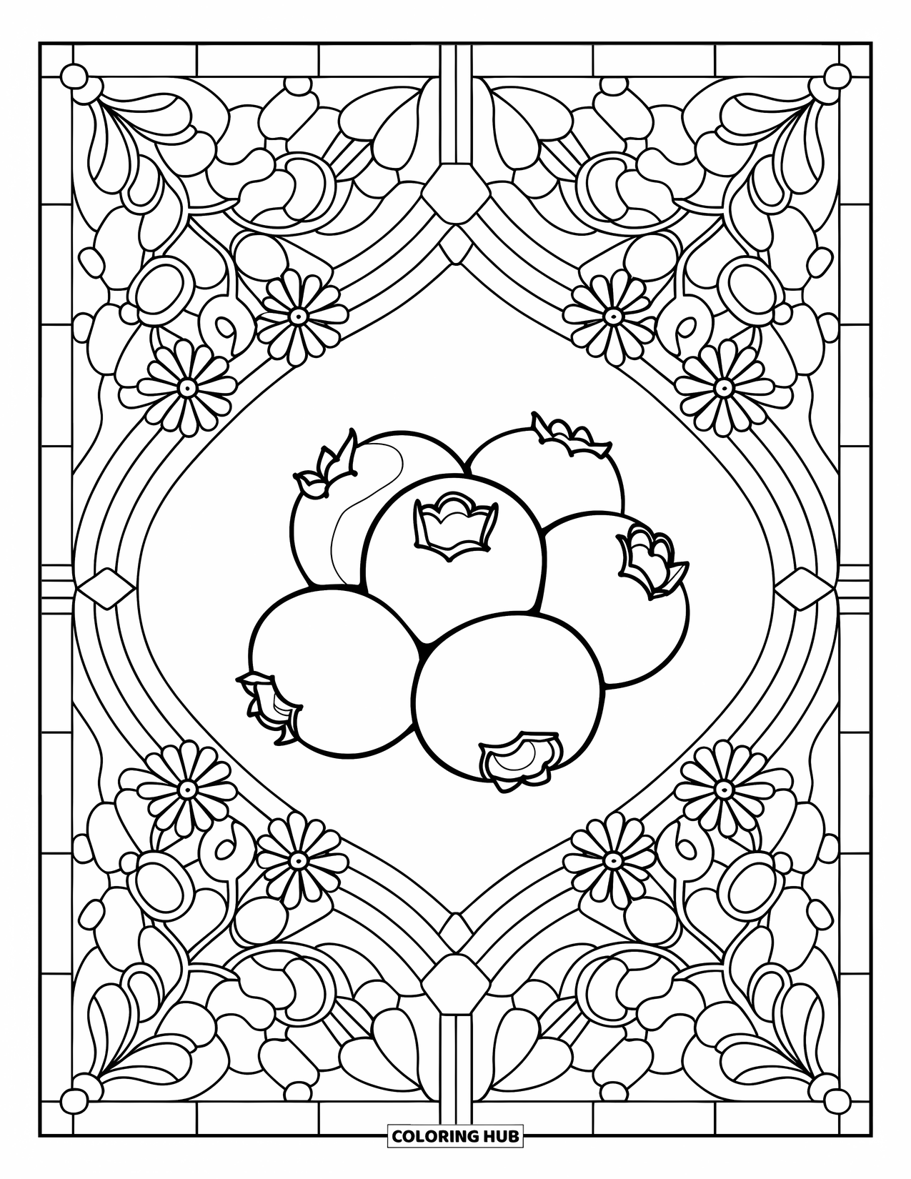 Berry Coloring Page for Adults: Realistic blueberries with symmetrical stained glass berry blossoms