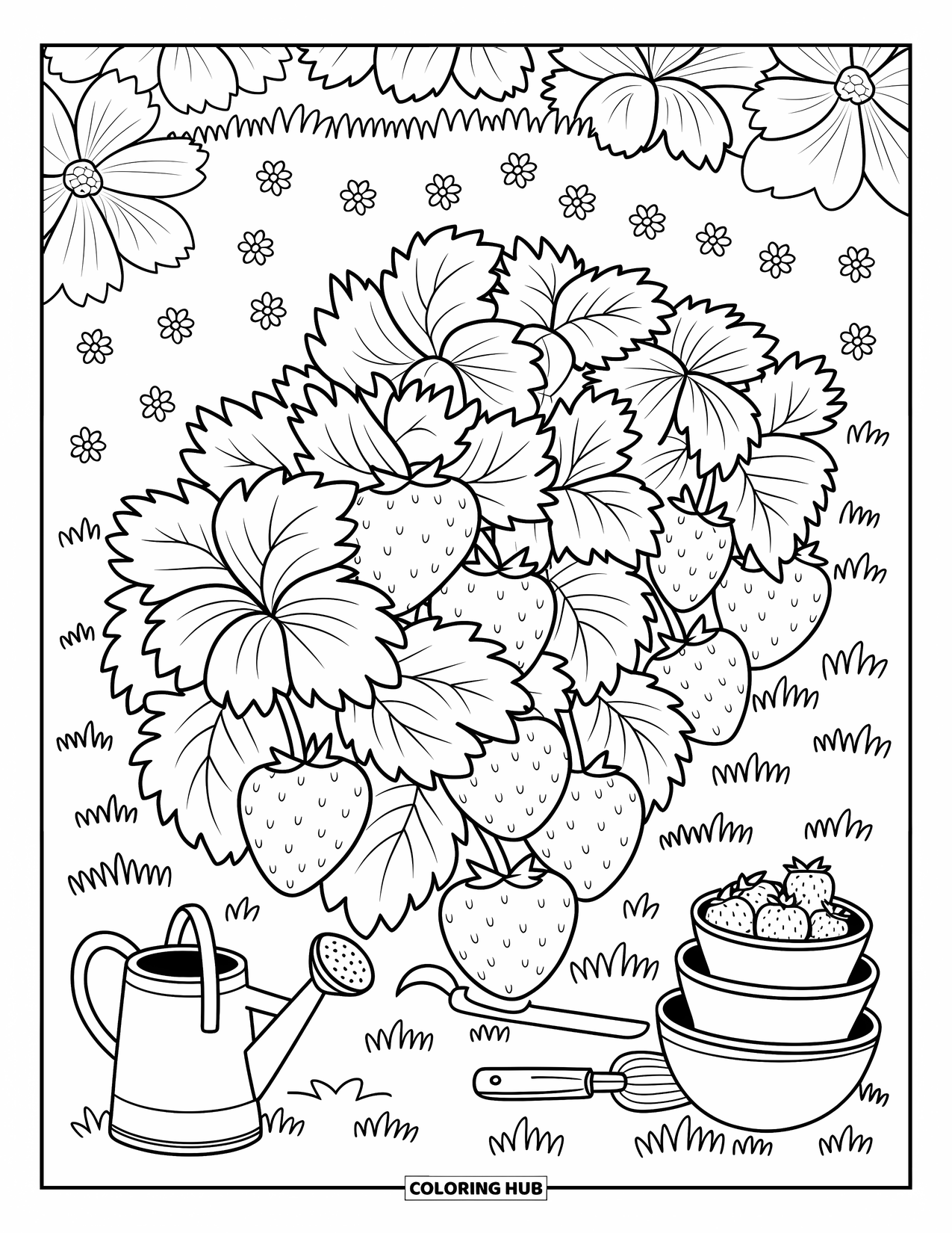 Berry Coloring Page for Adults: Sprawling strawberry vines and berries with wildflowers and berry-filled bowls