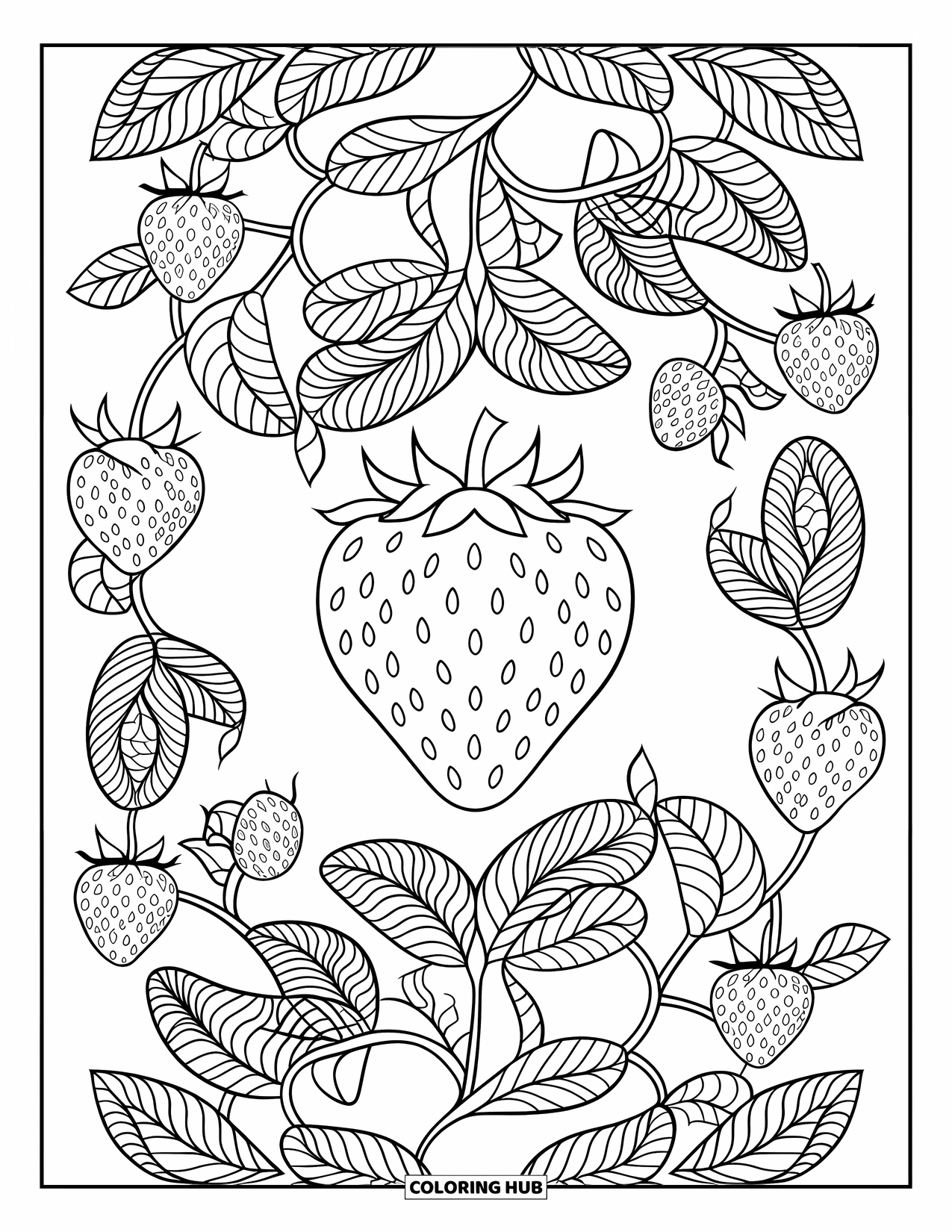 Berry Coloring Page for Adults: Strawberry in the center with a full-page botanical vine mandala