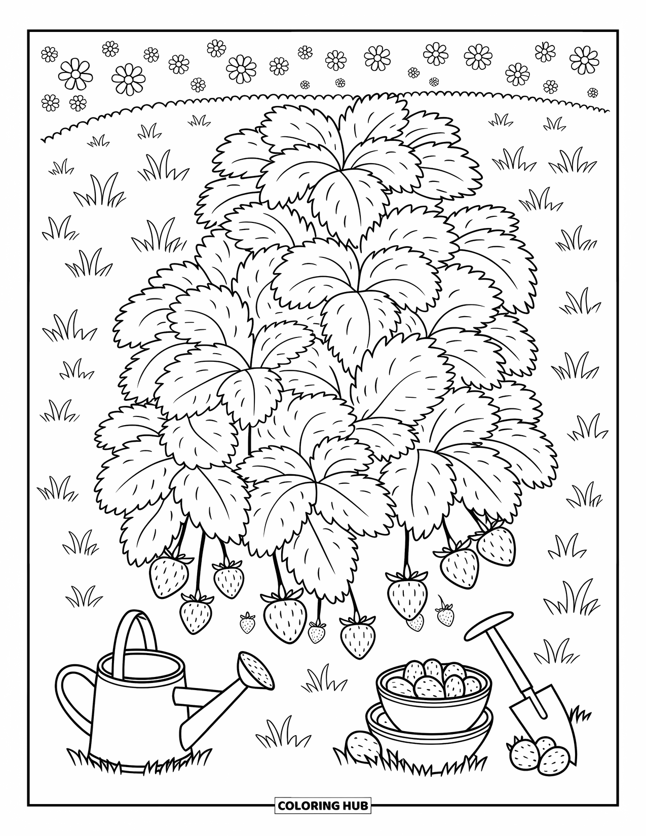 Berry Coloring Page for Adults: Strawberry patch in a meadow with wildflowers, a watering can, and bowls