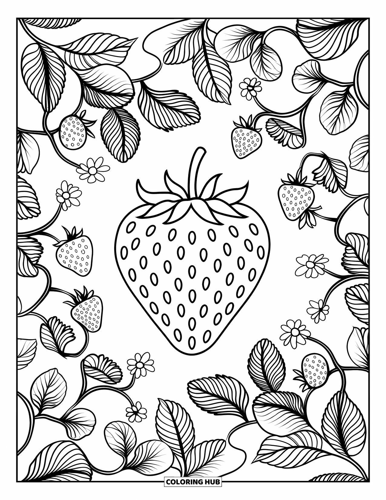 Berry Coloring Page for Adults: Strawberry surrounded by intricate strawberry vines and leaves