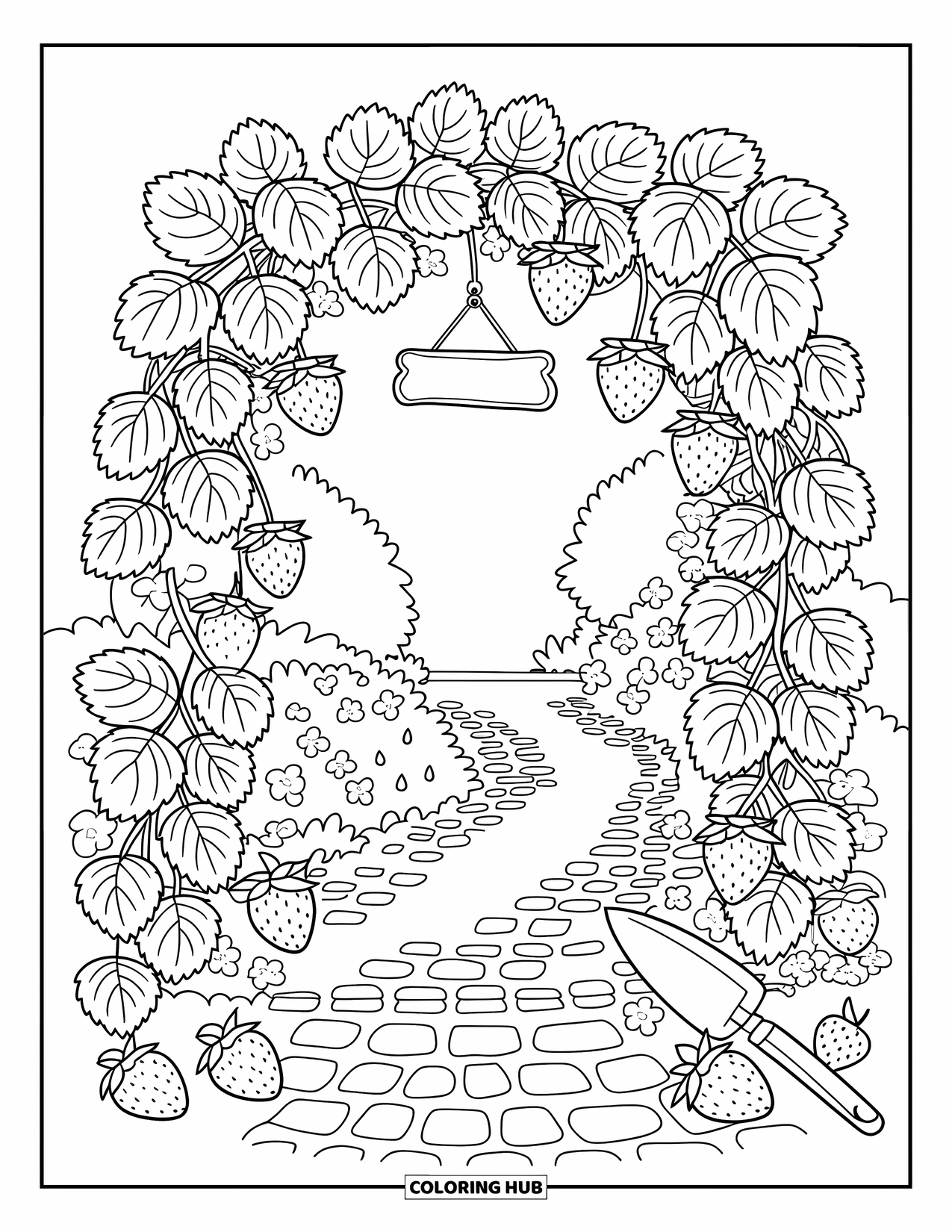 Berry Coloring Page for Adults: Strawberry vine archway with blossoms, berries, and a hanging sign