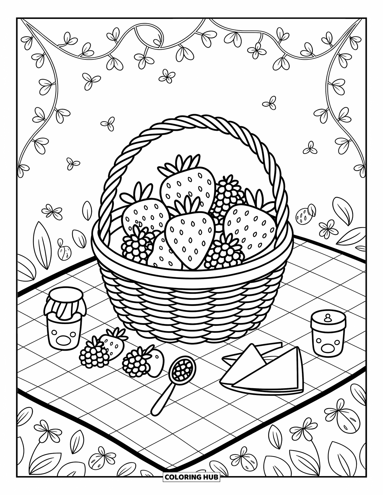 Berry Coloring Page for Adults: Wicker basket of berries with jam, spoon, napkin, and swirling berry vines