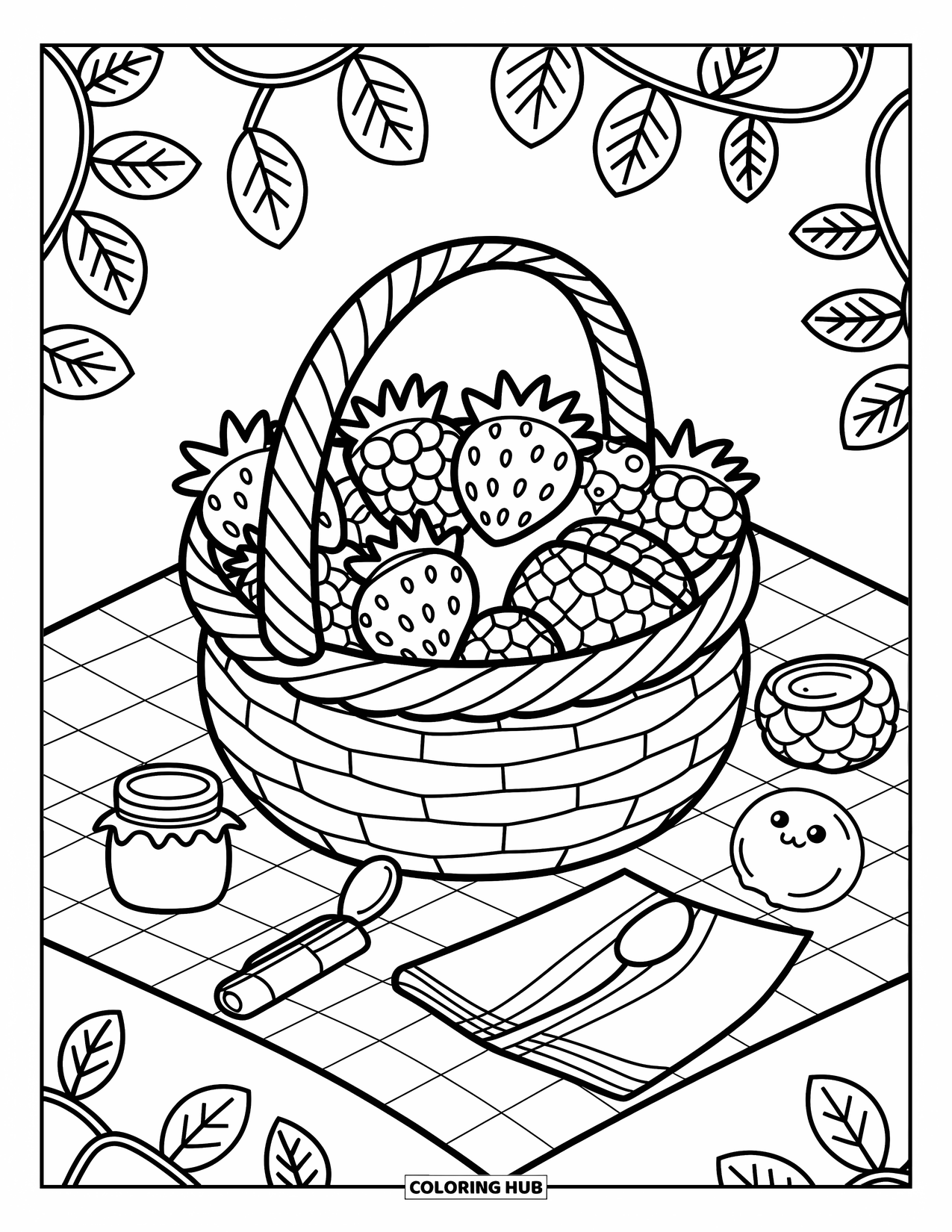 Berry Coloring Page for Adults: Wicker basket of mixed berries on a picnic blanket with jam and a spoon