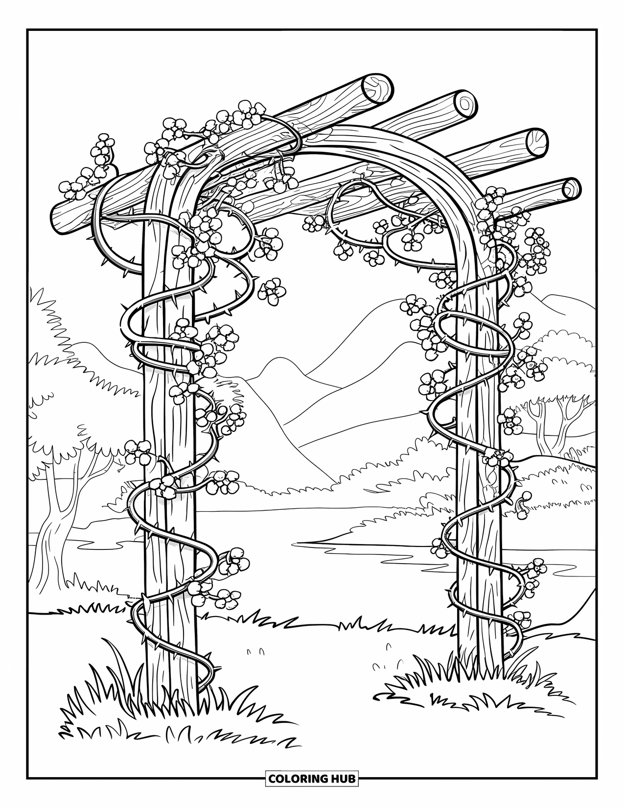 Berry Coloring Page for Kids: Archway of berry vines near mountains and water