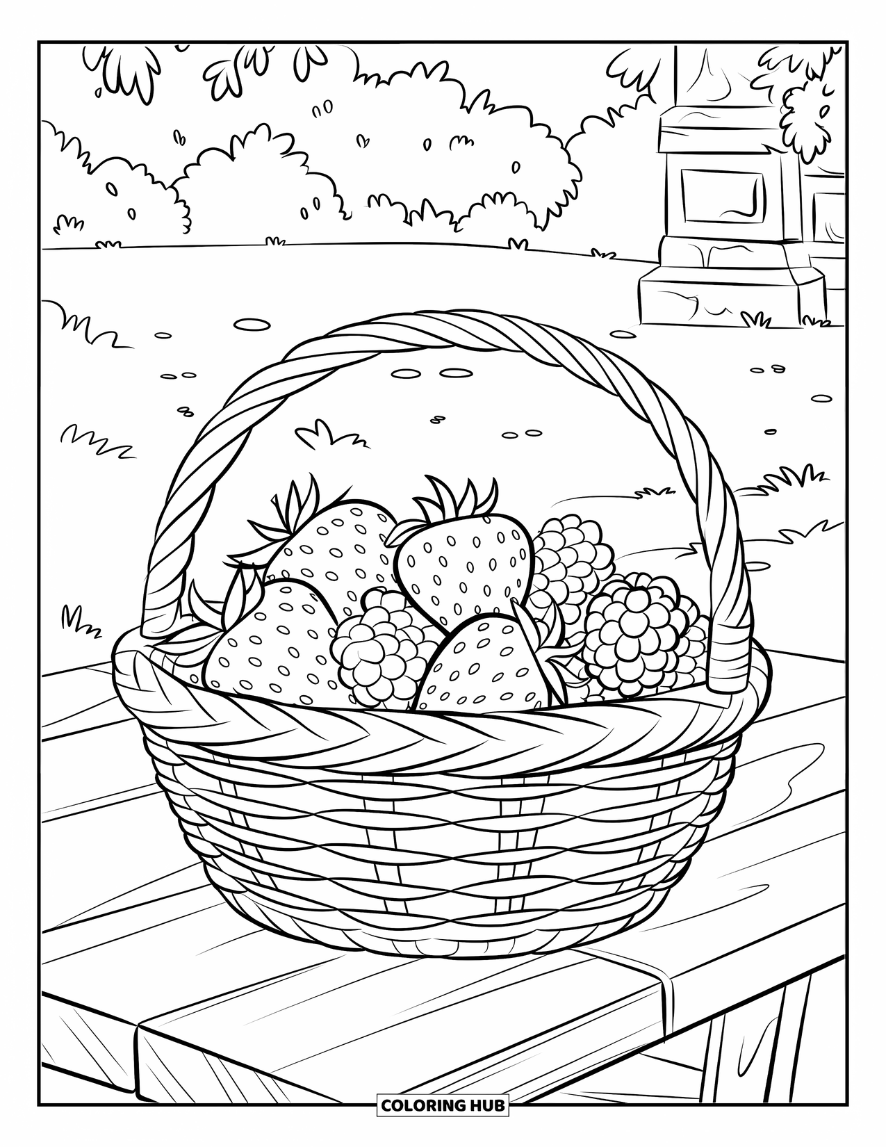 Berry Coloring Page for Kids: Basket of berries placed on a wooden table in a peaceful outdoor setting