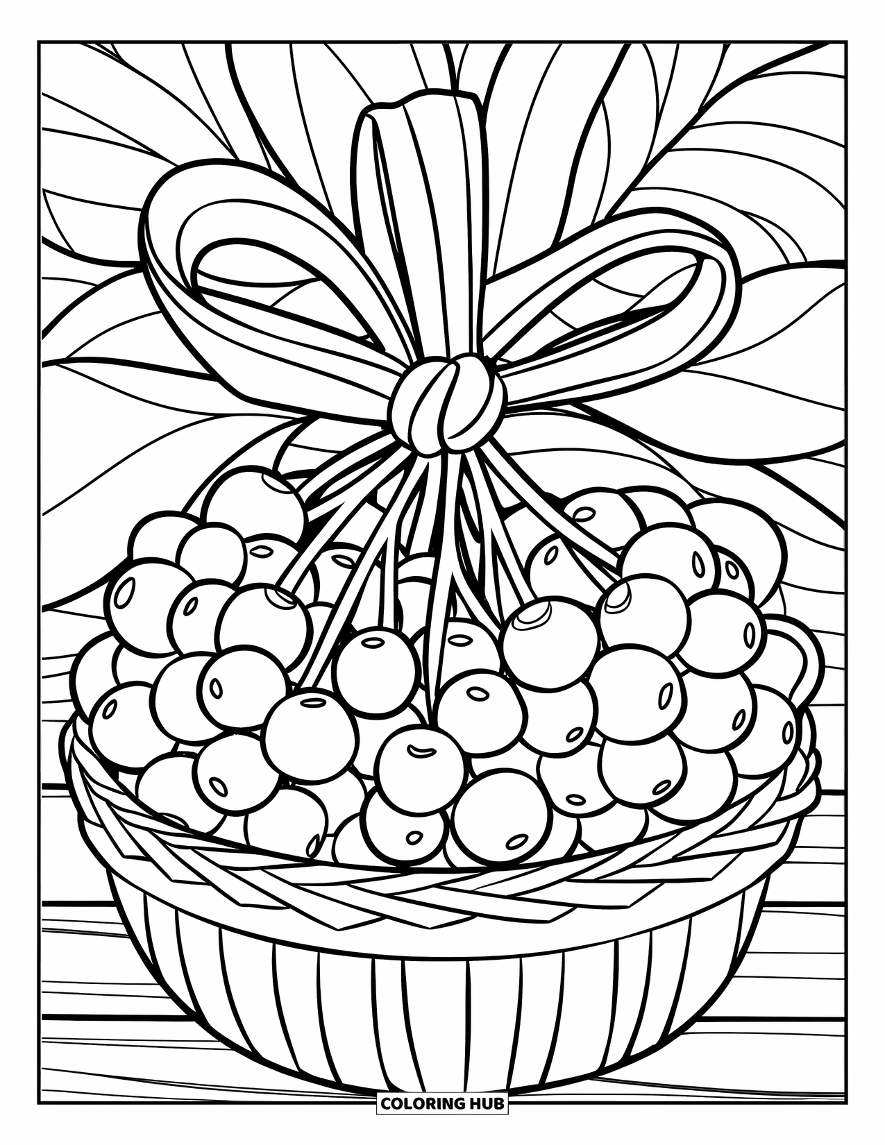 Berry Coloring Page for Kids: Basket of cranberries tied with a bow