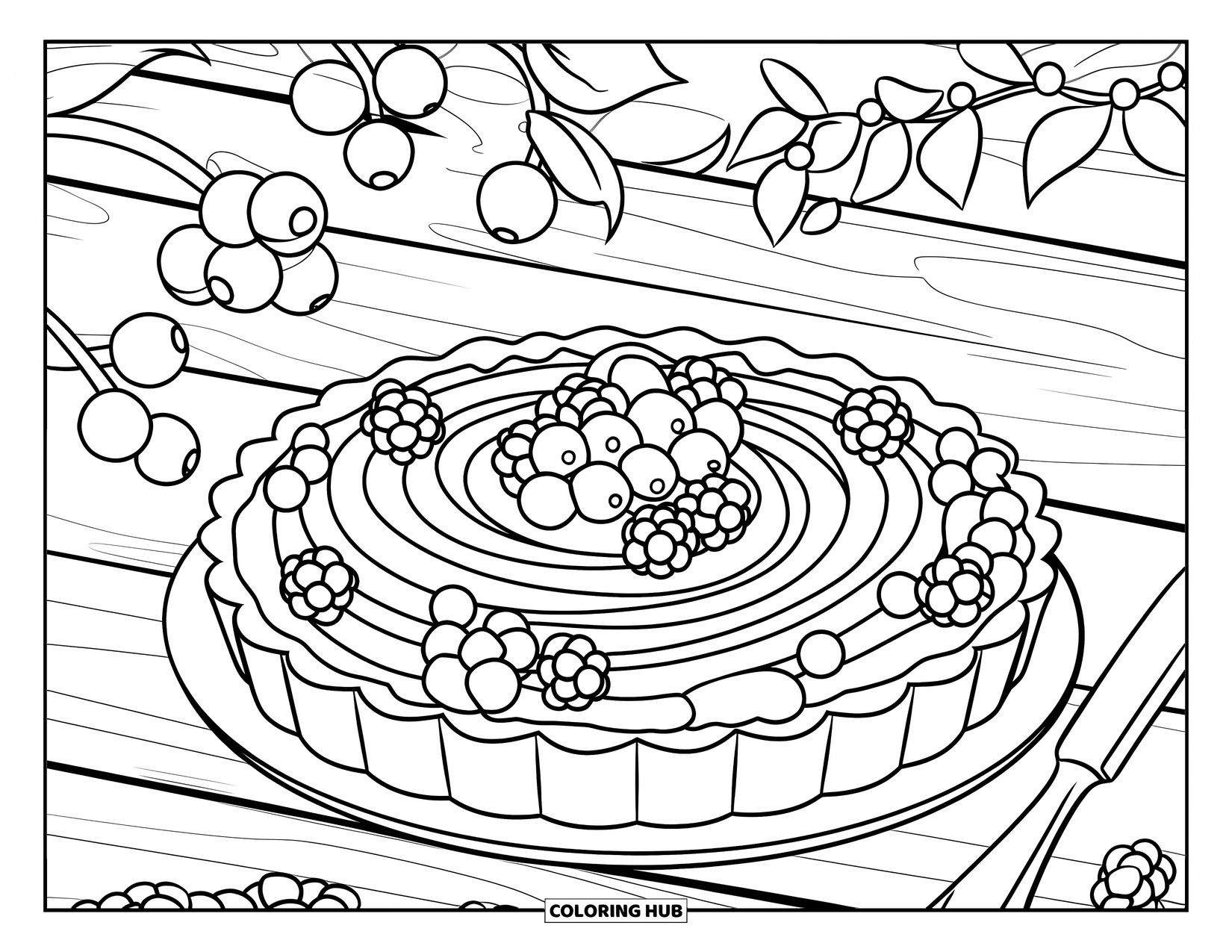 Berry Coloring Page for Kids: Berry tart on a dish with scattered berries and a leaf