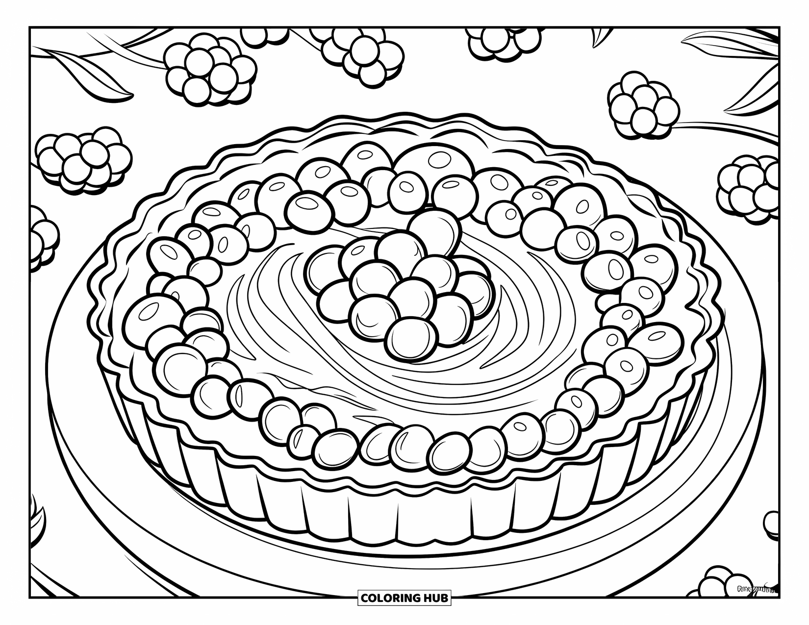 Berry Coloring Page for Kids: Berry tart with swirled fruit sits on a plate