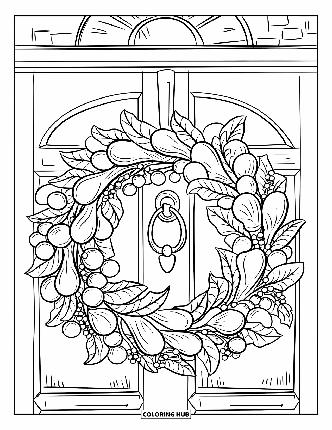 Berry Coloring Page for Kids: Berry wreath with a bow hanging from a brick wall