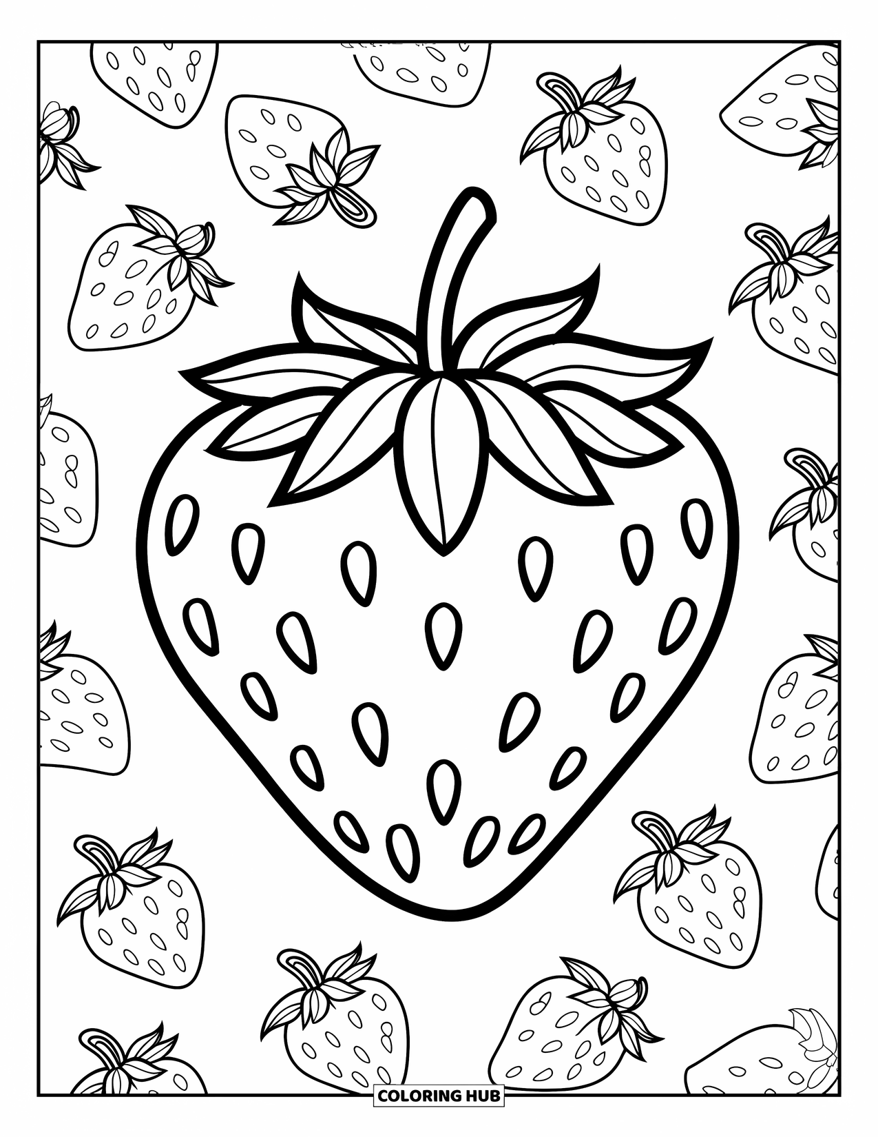 Berry Coloring Page for Kids: Big strawberry surrounded by smaller ones on a white background