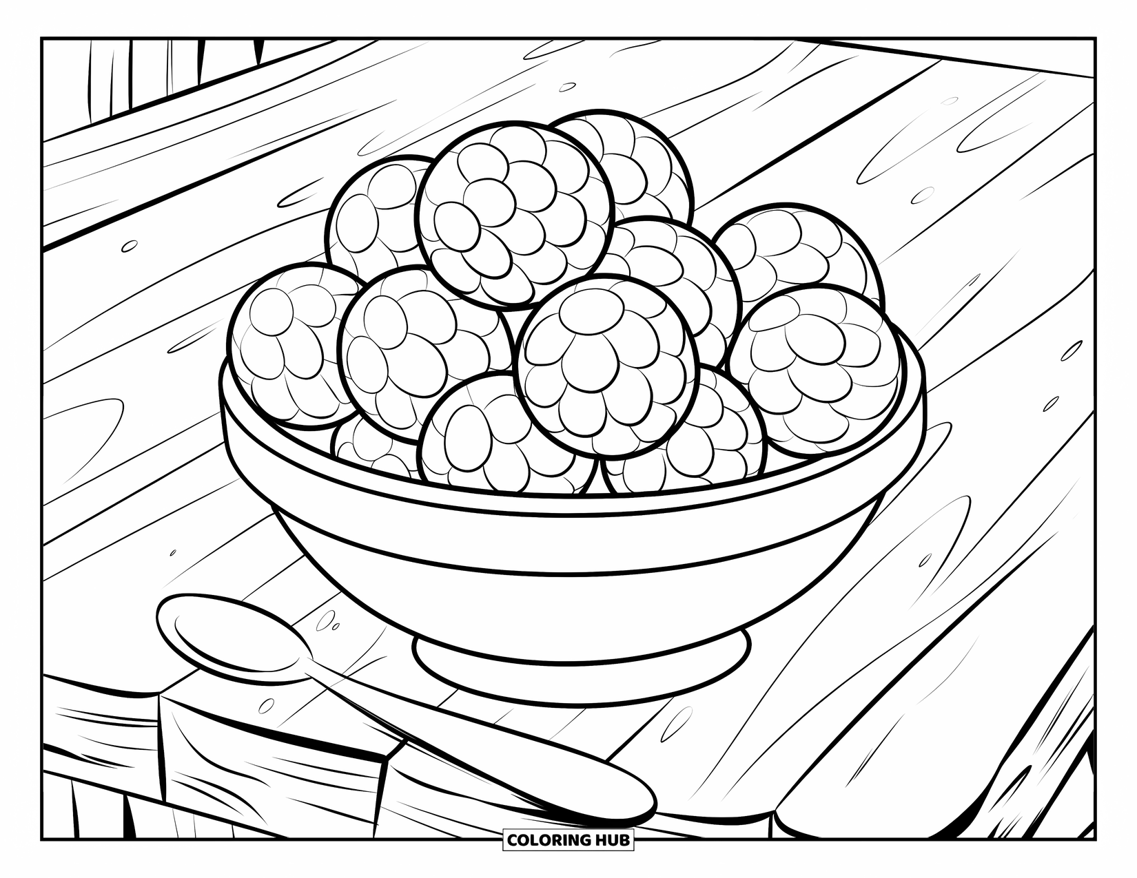 Berry Coloring Page for Kids: Bowl filled with round berries sits beside a spoon on a table