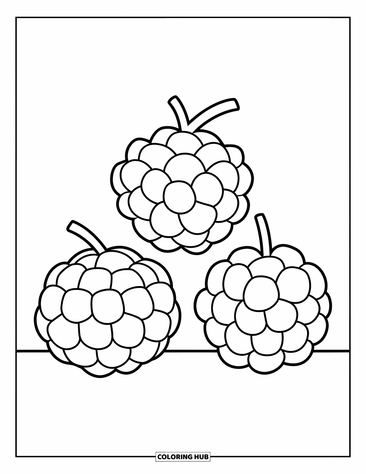 Berry Coloring Page for Kids: Cloudberries in a triangle layout, each shaped slightly differently