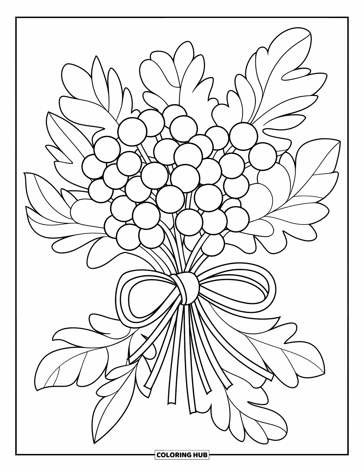 Berry Coloring Page for Kids: Cranberries tied with a ribbon and leafy bottom