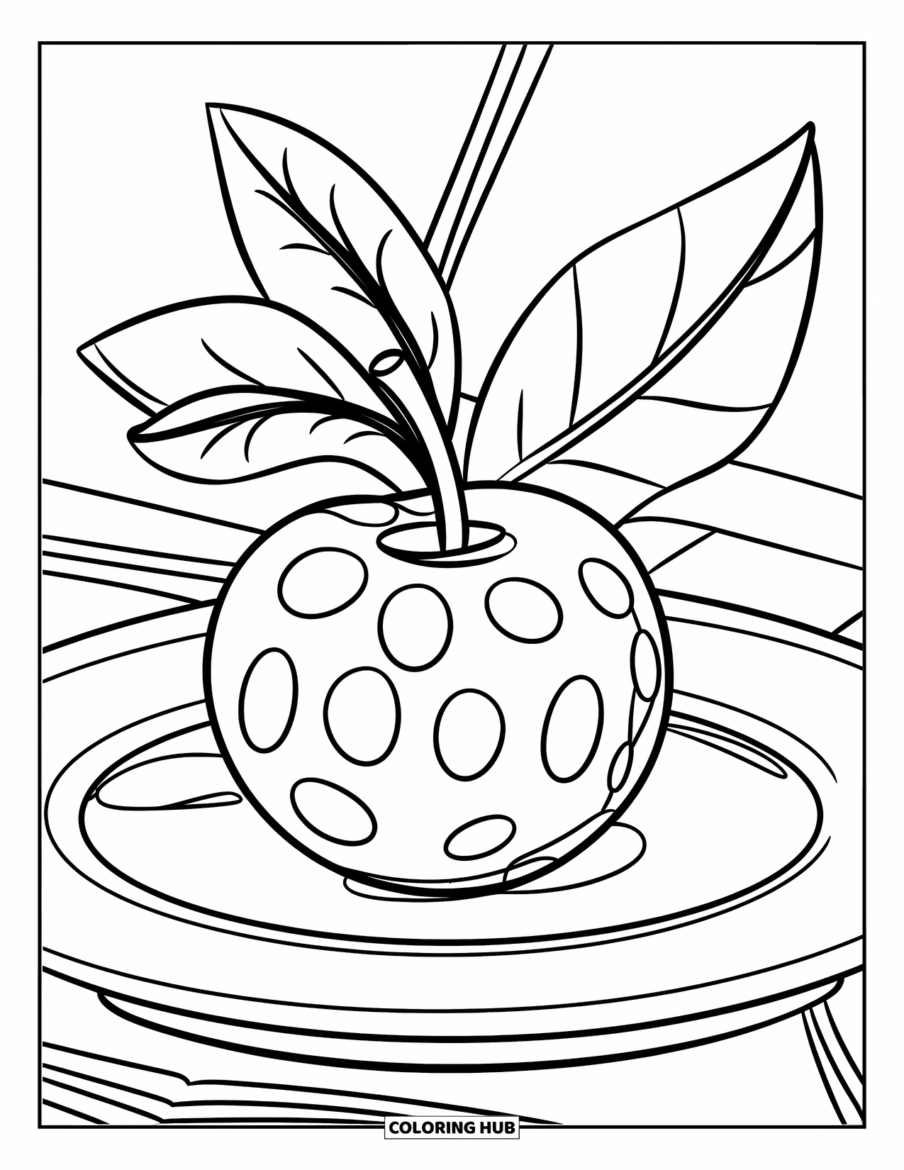 Berry Coloring Page for Kids: Cranberry with small stem sitting on a plate with leaves