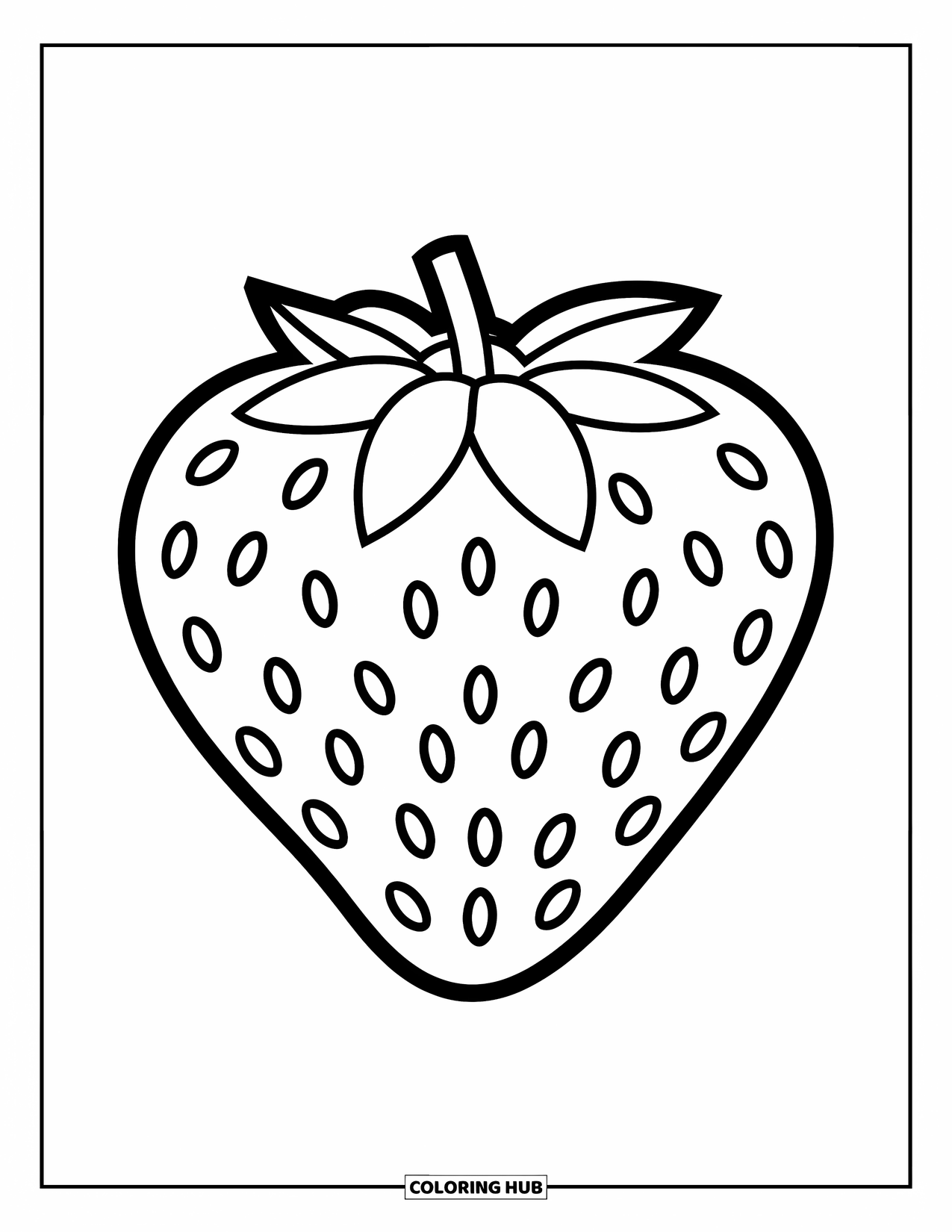 Berry Coloring Page for Kids: Large strawberry with a leafy top and bold outline