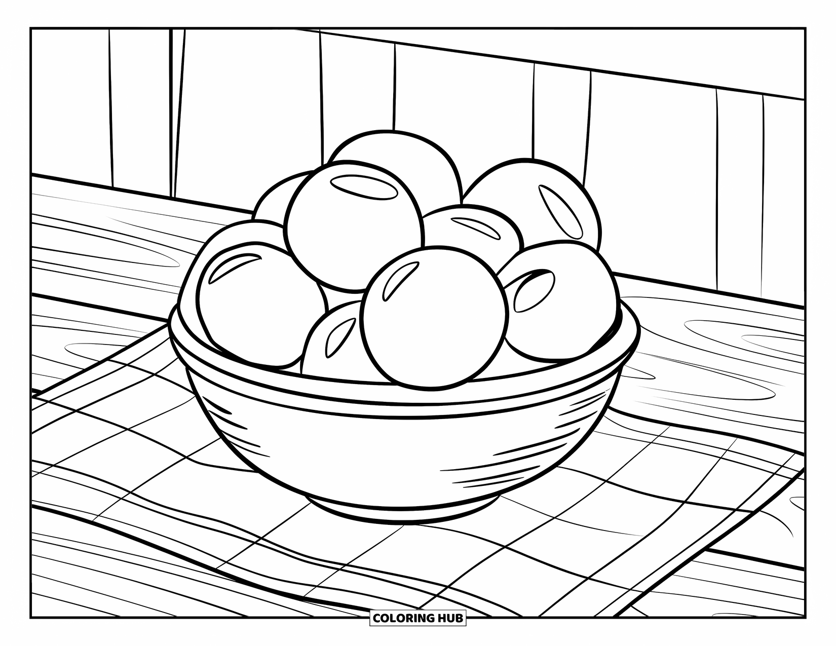 Berry Coloring Page for Kids: Mixed berries in a bowl with a checkered cloth underneath