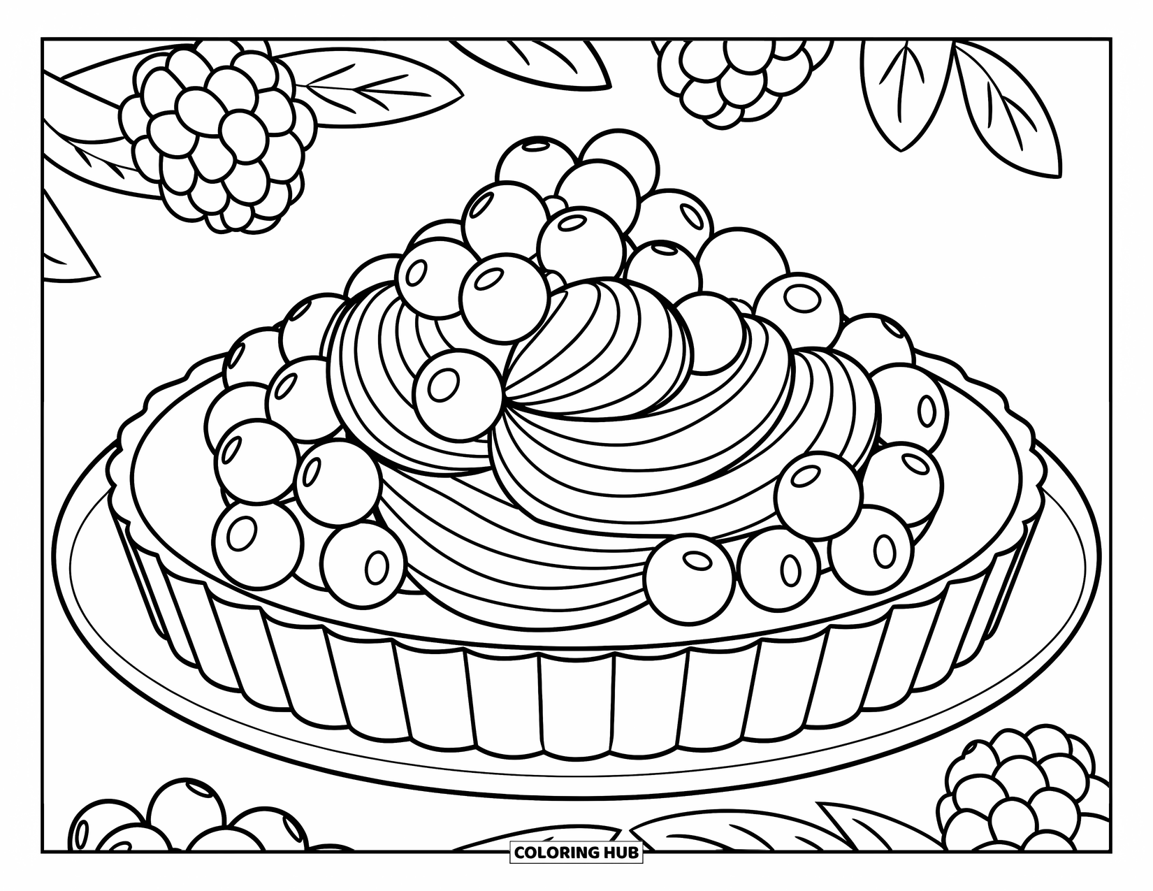 Berry Coloring Page for Kids: Mixed berry tart arranged neatly on a white plate