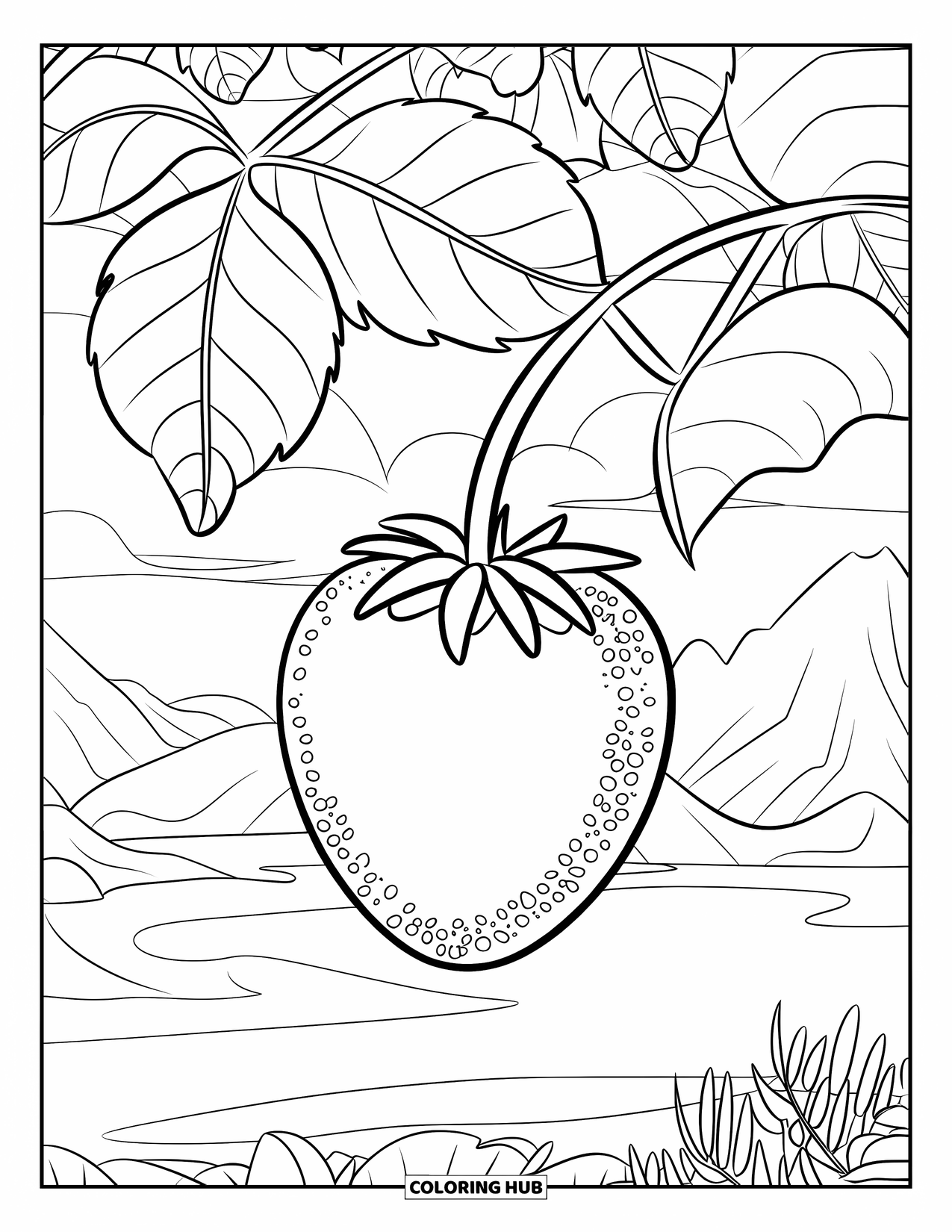 Berry Coloring Page for Kids: Mulberry growing on a tree branch in a peaceful landscape