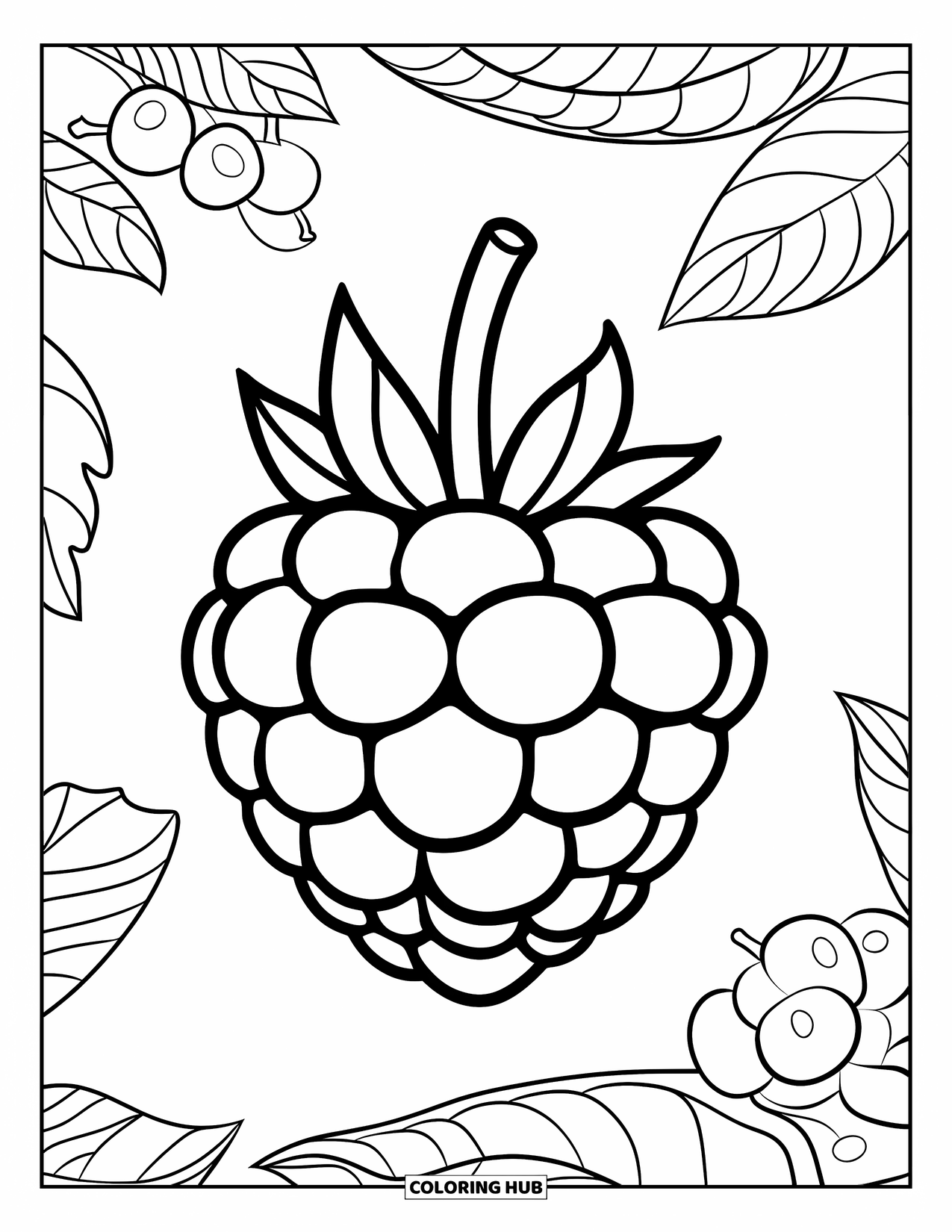 Berry Coloring Page for Kids: Raspberry in the center with smaller berries around it