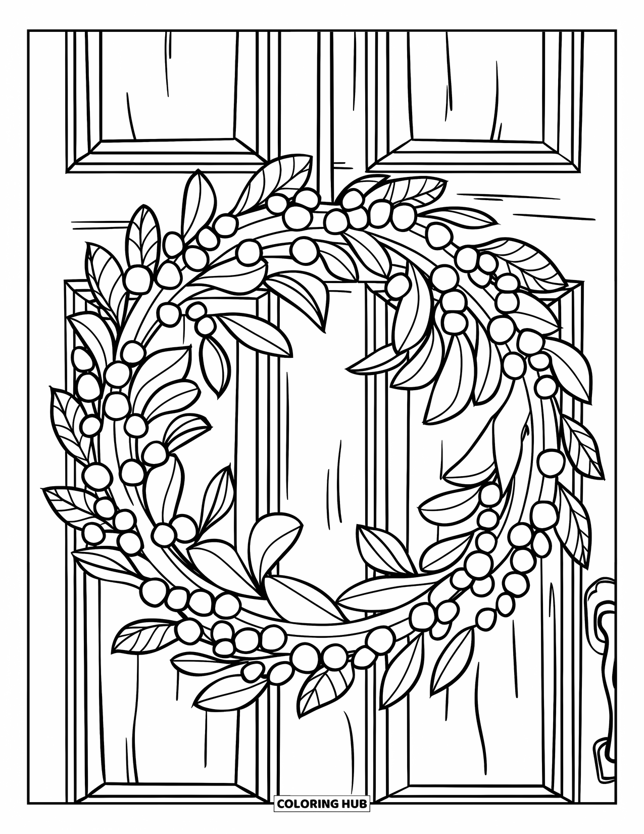 Berry Coloring Page for Kids: Simple wreath of berries hung on a door