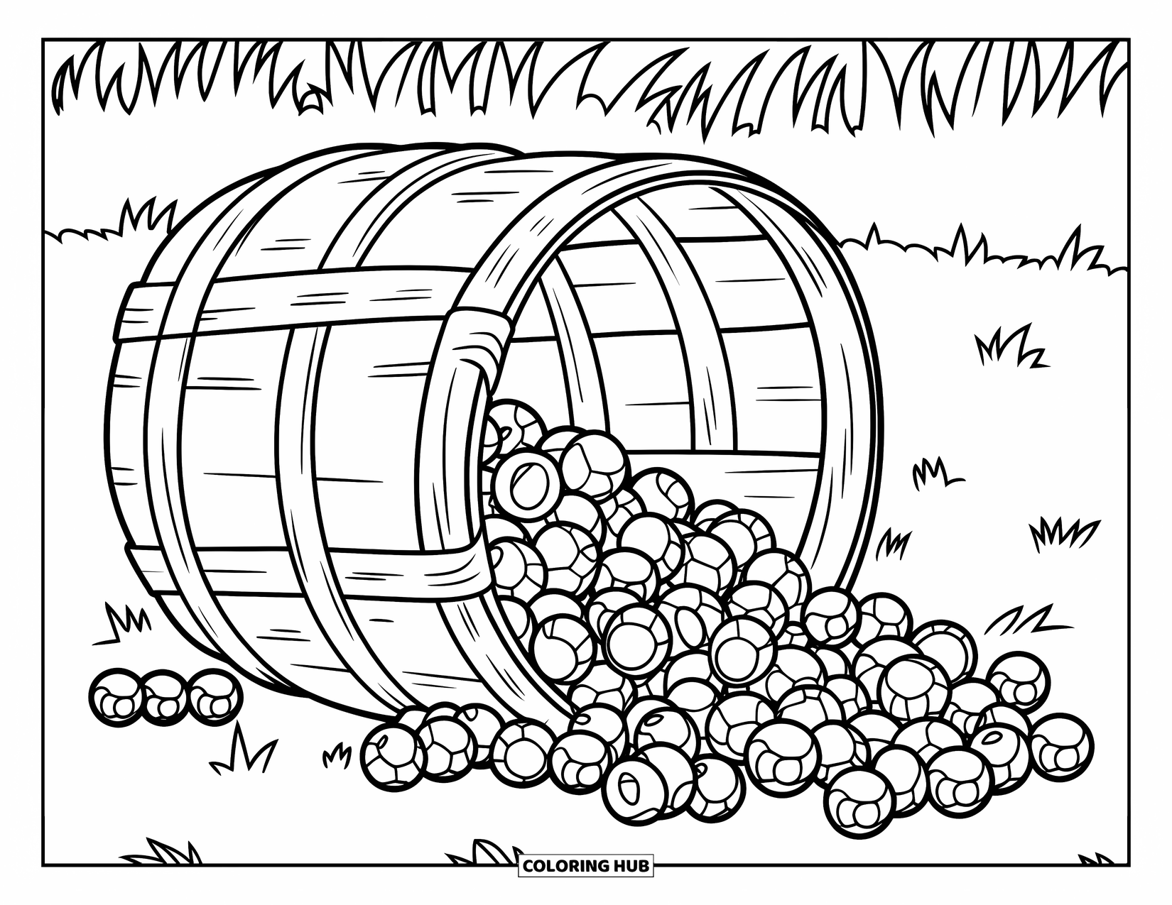 Berry Coloring Page for Kids: Spilled basket of berries resting on grassy ground