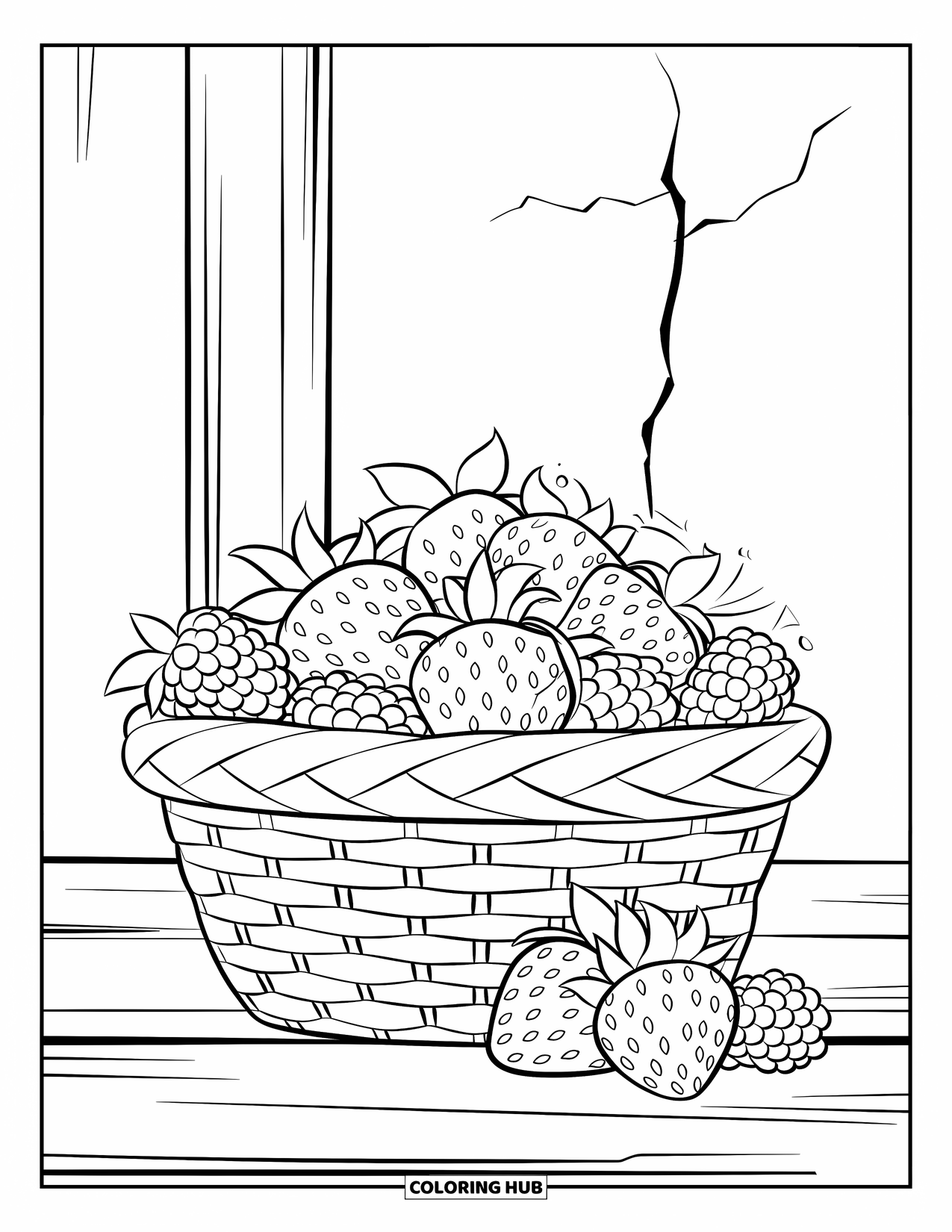 Berry Coloring Page for Kids: Strawberries and raspberries spill from a basket onto a wooden table