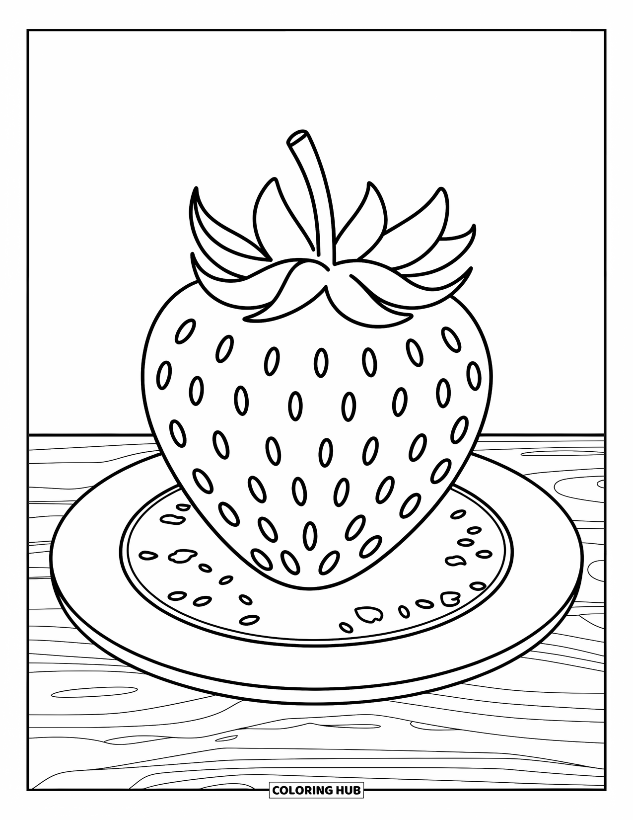 Berry Coloring Page for Kids: Strawberry on a plate with crumbs around it