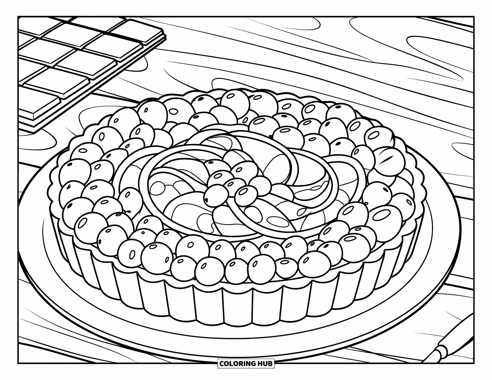 Berry Coloring Page for Kids: Tart topped with berries beside a chocolate bar