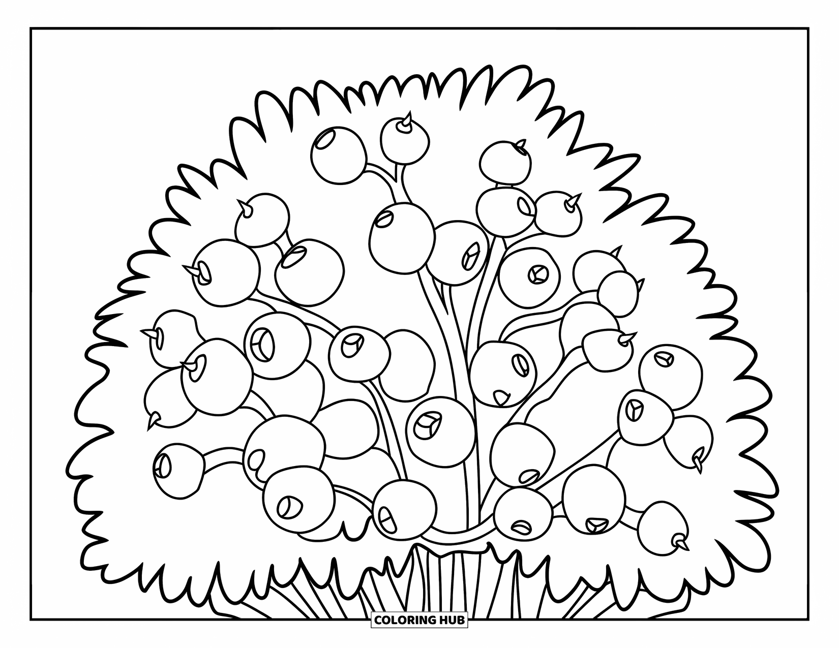 Berry Coloring Page for Kids: Thick-branch berry bush with easy shapes for coloring