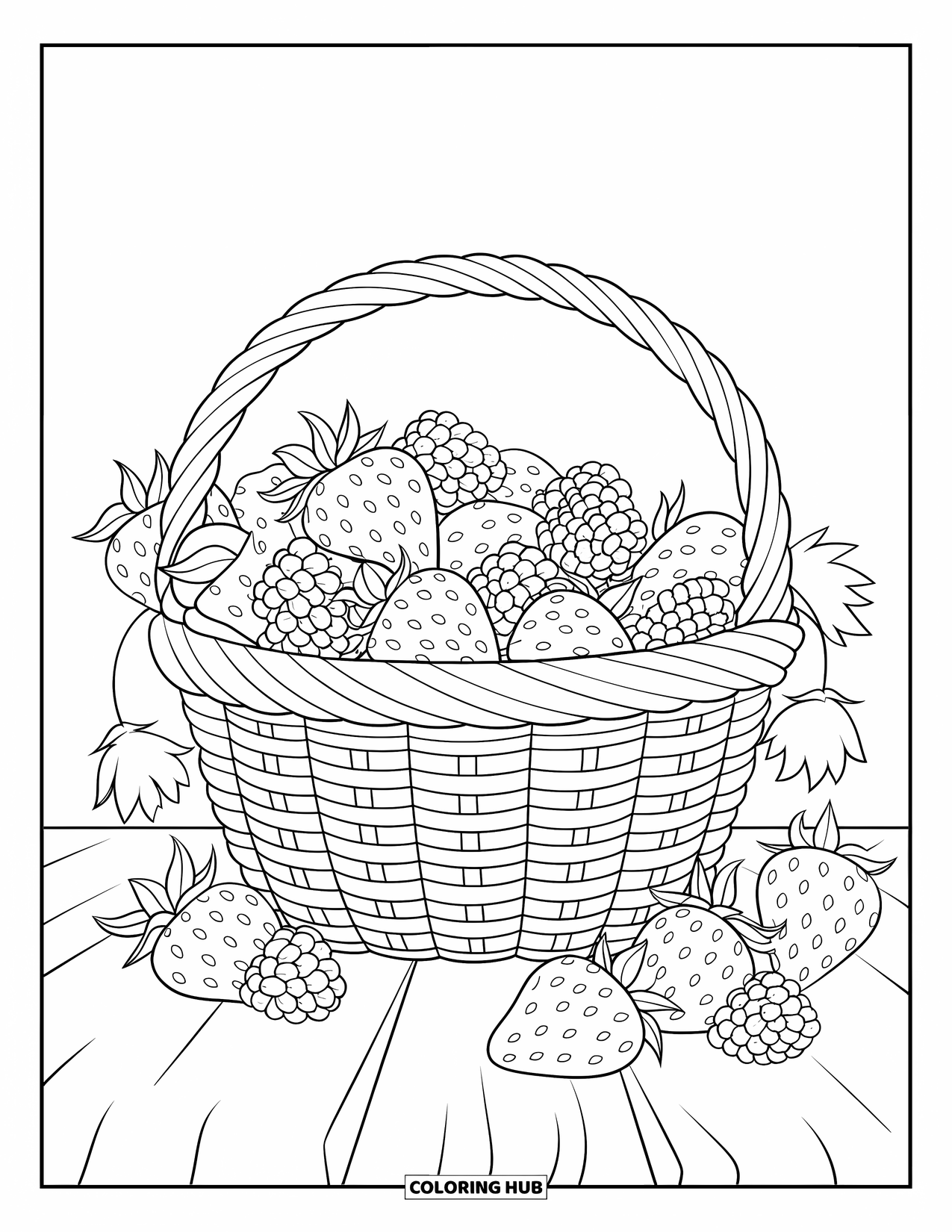 Berry Coloring Page for Kids: Woven basket full of strawberries and raspberries with berries scattered around