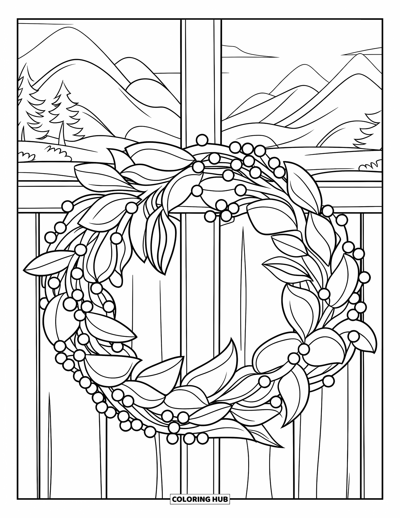 Berry Coloring Page for Kids: Wreath of berry vines placed on a peaceful doorway